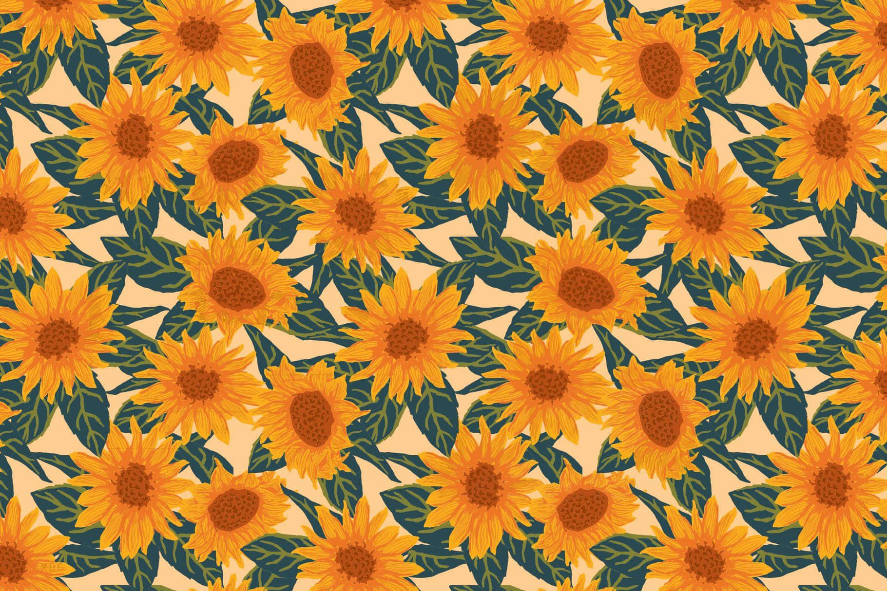 Sunflowers 桌布 壁紙 — 鮮豔的向日葵搭配深綠色葉子，在奶油米色背景上重複成歡快的圖案。