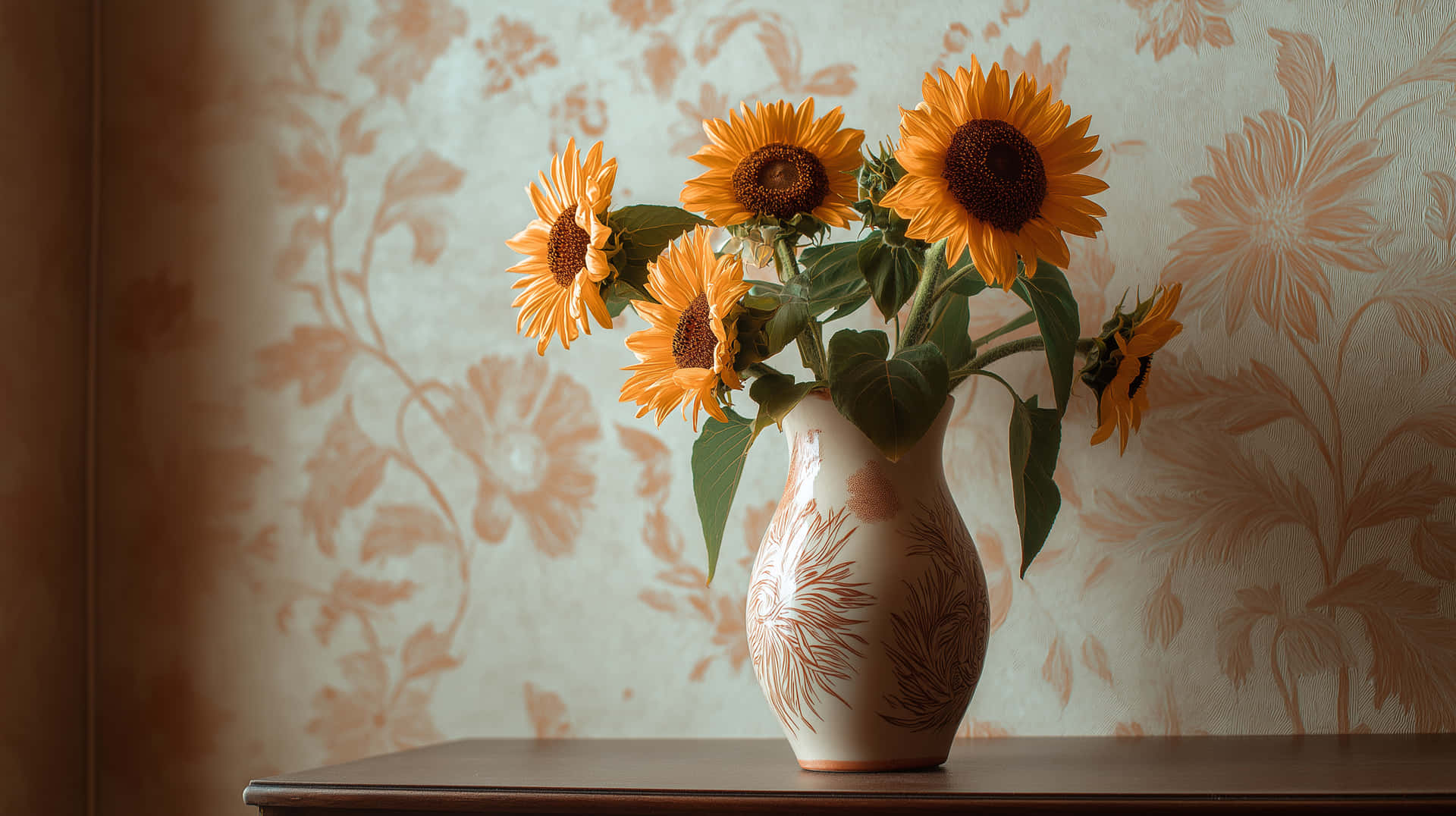 Van Gogh Inspired Sunflowers in Vase on Wooden Table 壁紙 — 鮮豔的向日葵放在有圖案的花瓶中，置於木桌上，背景是花卉壁紙。