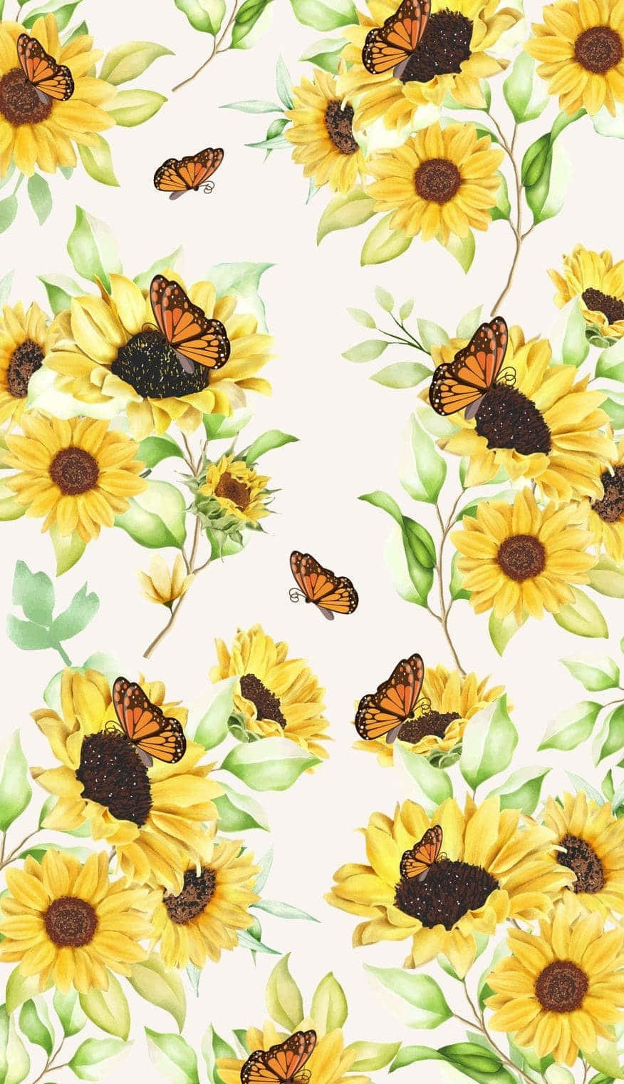 Aesthetic Sunflower 桌布 壁紙 — 鮮豔的向日葵與橙色蝴蝶在綠色葉片間飛舞，背景為柔和奶油色。