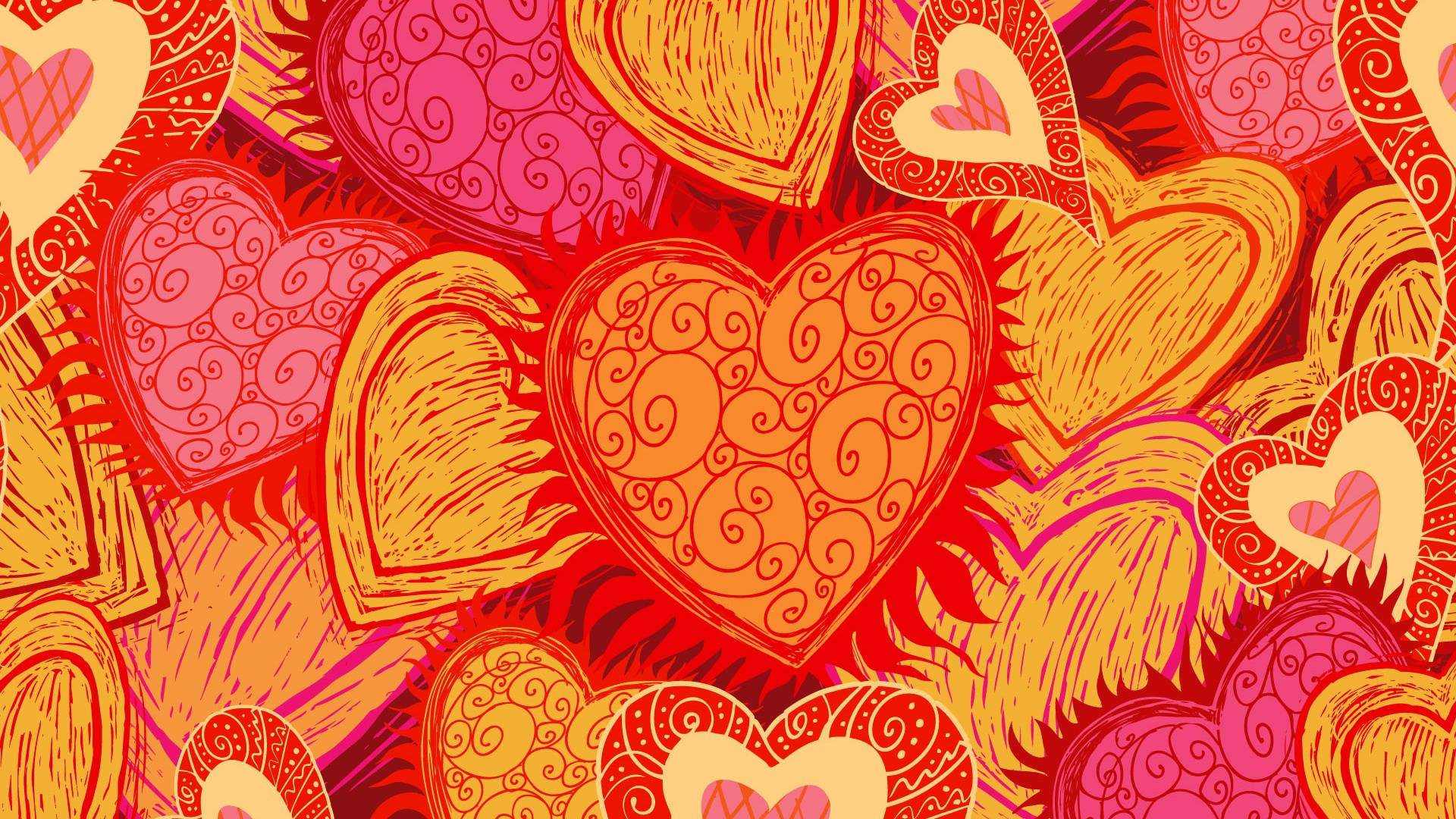 Tumblr Valentines Day 桌布 壁紙 — 鮮豔的圖案，由火紅和橙色中複雜旋轉的心形組成，充滿了框架，展現大膽的圖形能量。