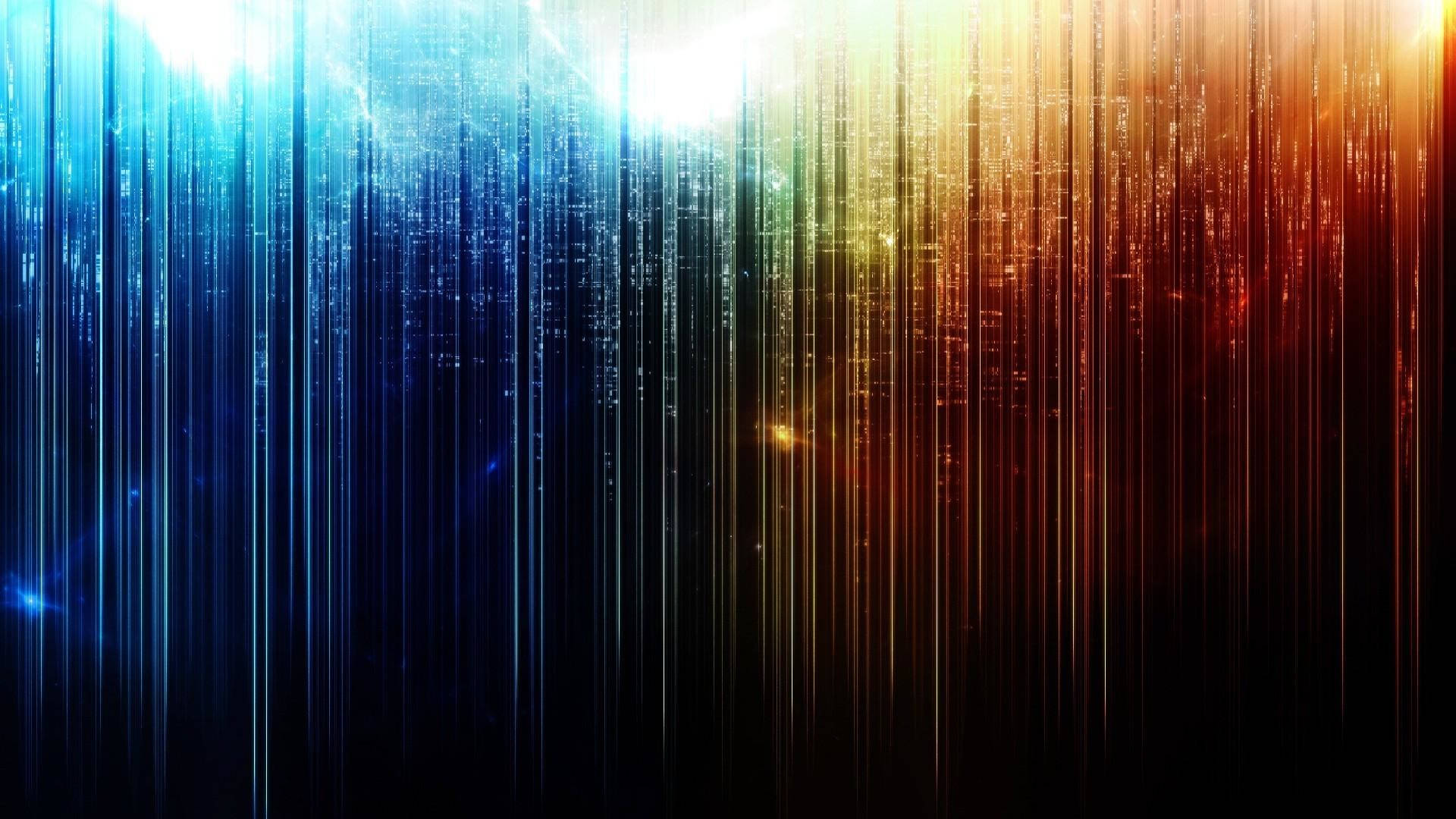 Best Cool 桌布 壁紙 — 鮮豔的垂直光條從明亮的宇宙源頭傾瀉而下，在黑暗虛空中從電光藍過渡到火熱橙。