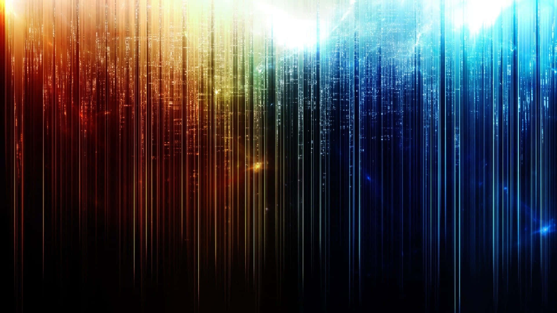 Light Effect 桌布 壁紙 — 鮮豔的垂直光條從發光的地平線傾瀉而下，在黑暗的虛空中融合了熾熱的橙色和電光藍色。