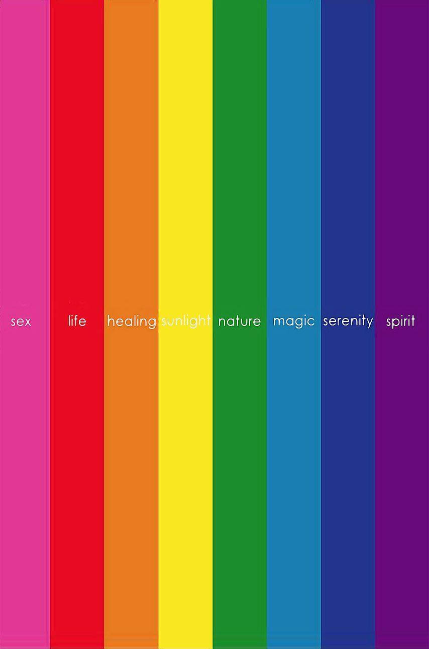 Pride Flag 桌布 壁紙 — 鮮豔的垂直彩虹條紋，帶有白色文字，如性生活、療癒、陽光、自然、魔法、寧靜、精神。