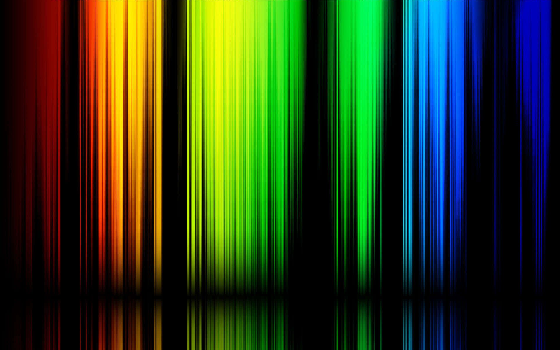 RGB 桌布 壁紙 — 鮮豔的垂直彩虹條紋在黑色背景上發光，下方有鏡面反射。