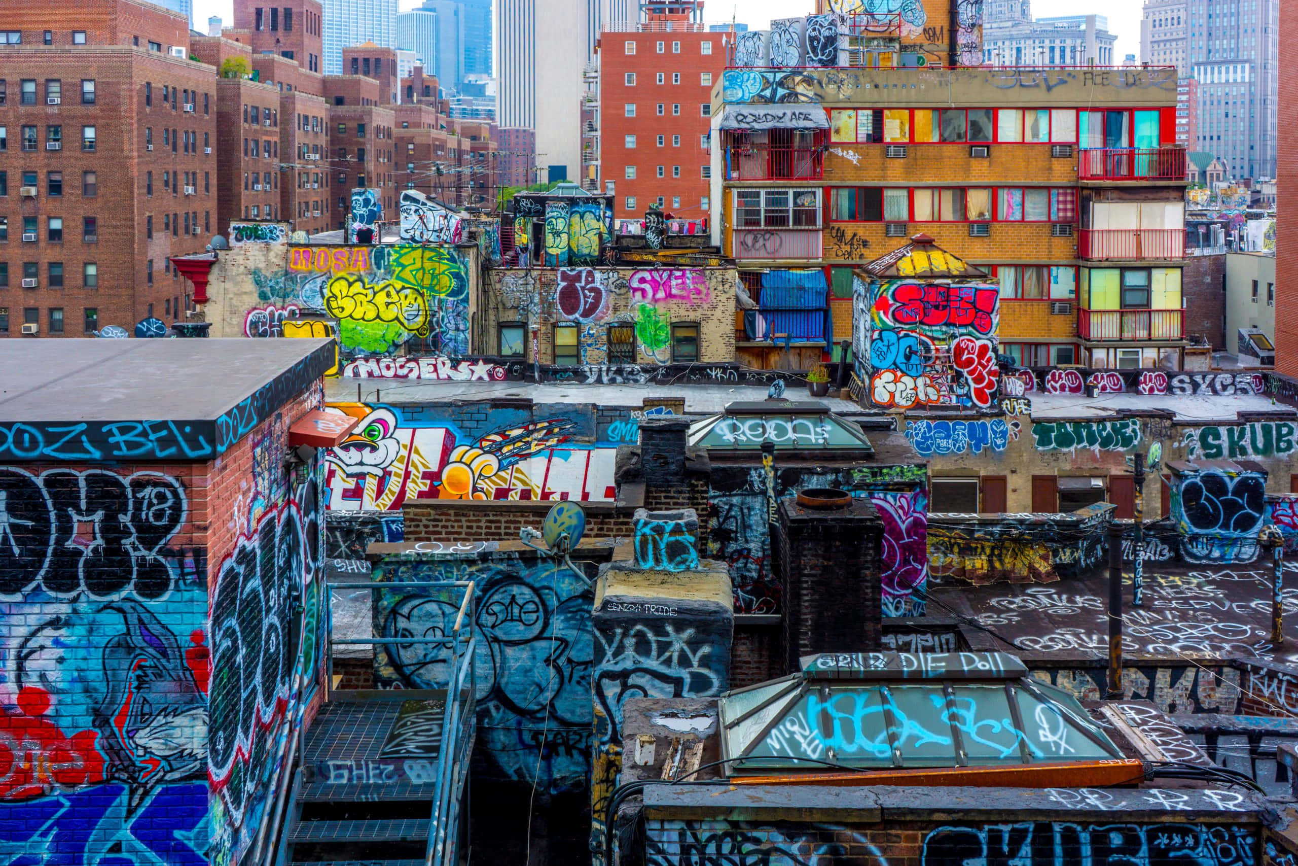 Graffiti Art 桌布 壁紙 — 鮮豔的塗鴉覆蓋了密集城市天際線中的屋頂和磚砌建築，在明亮的日光下。