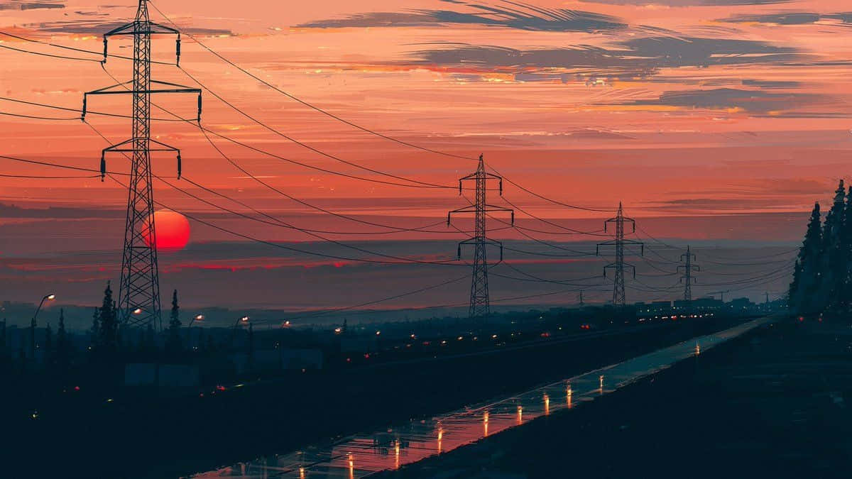 日落 桌布 壁紙 — 鮮豔的夕陽將天空染成火熱的橙色，電線在潮濕的高速公路上延伸，遠處有樹木。