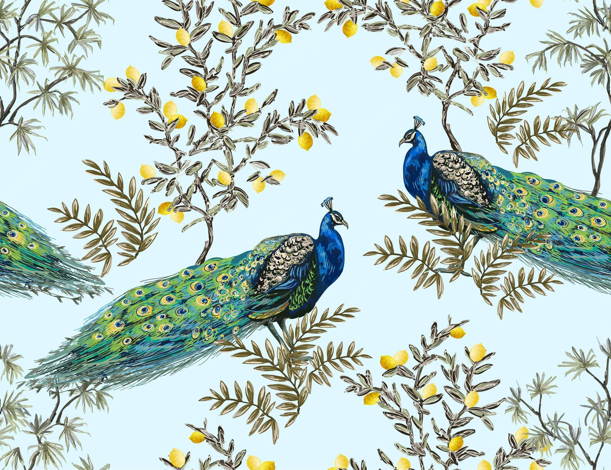 Chinoiserie 桌布 壁紙 — 鮮豔的孔雀優雅地棲息在金黃色葉子的樹枝間，以柔和的天空藍背景形成重複圖案。