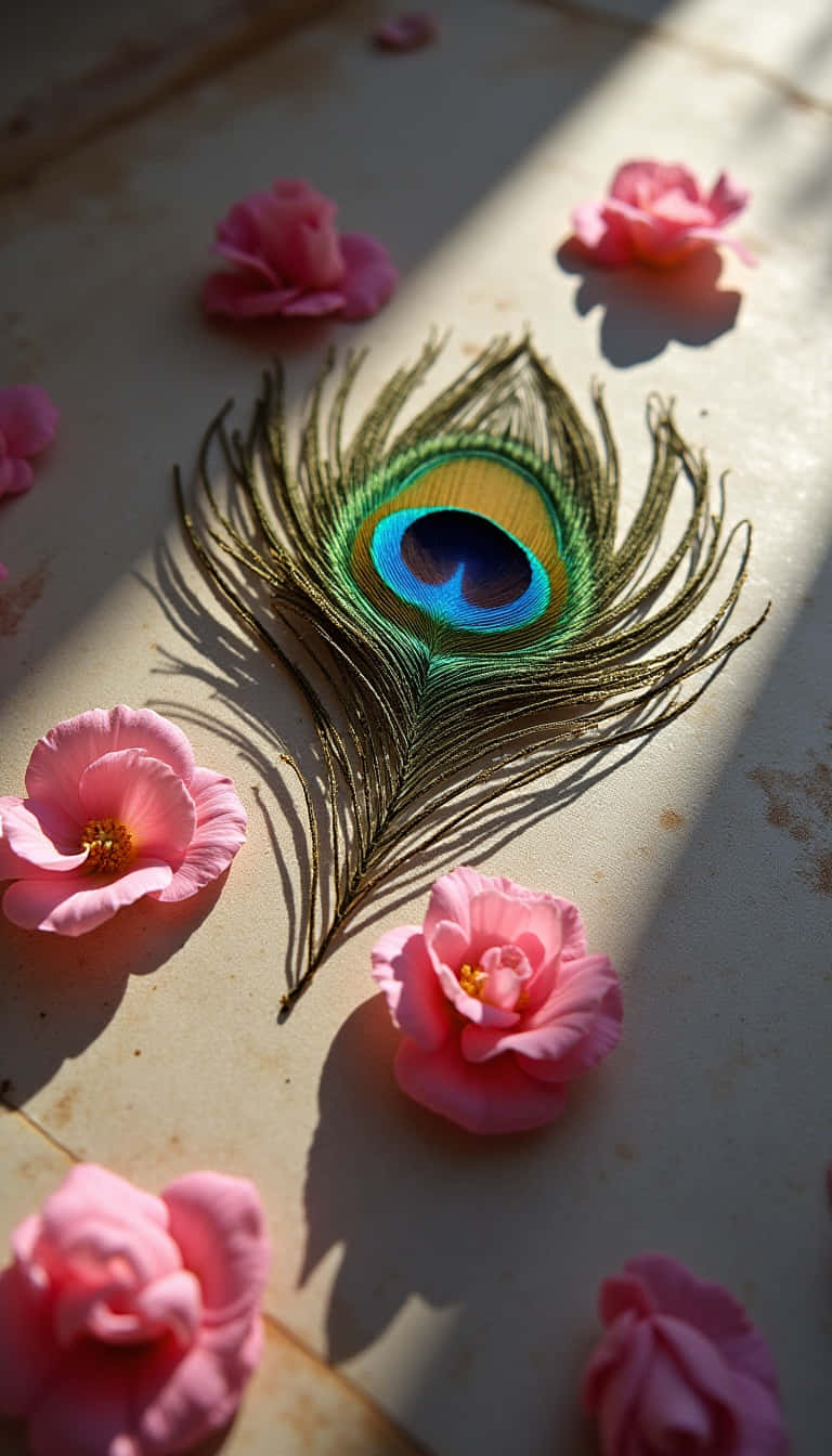 Flower 壁紙 — 鮮豔的孔雀羽毛，帶有虹彩藍綠色和金色的眼睛，被柔和的粉紅色山茶花包圍，沐浴在溫暖的陽光下。