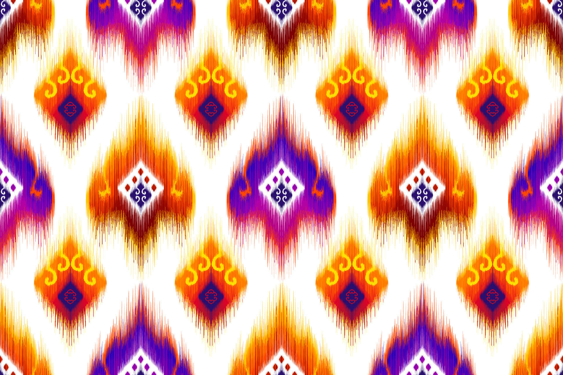 Islamic Geometric Patterns 桌布 壁紙 — 鮮豔的對稱圖案，白色背景上帶有橙色、紫色和黃色的幾何圖案。