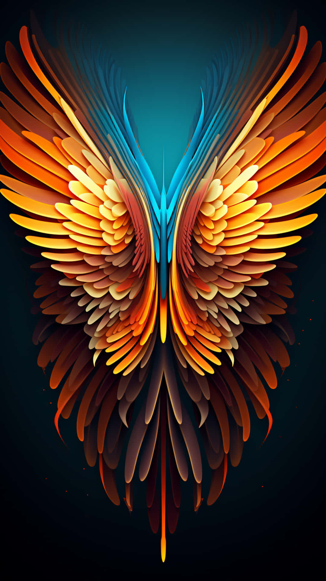 butterfly design 壁紙 — 鮮豔的對稱翅膀，帶有火熱的橙黃色和清涼的藍色羽毛，在深藍綠色背景上散發光芒。