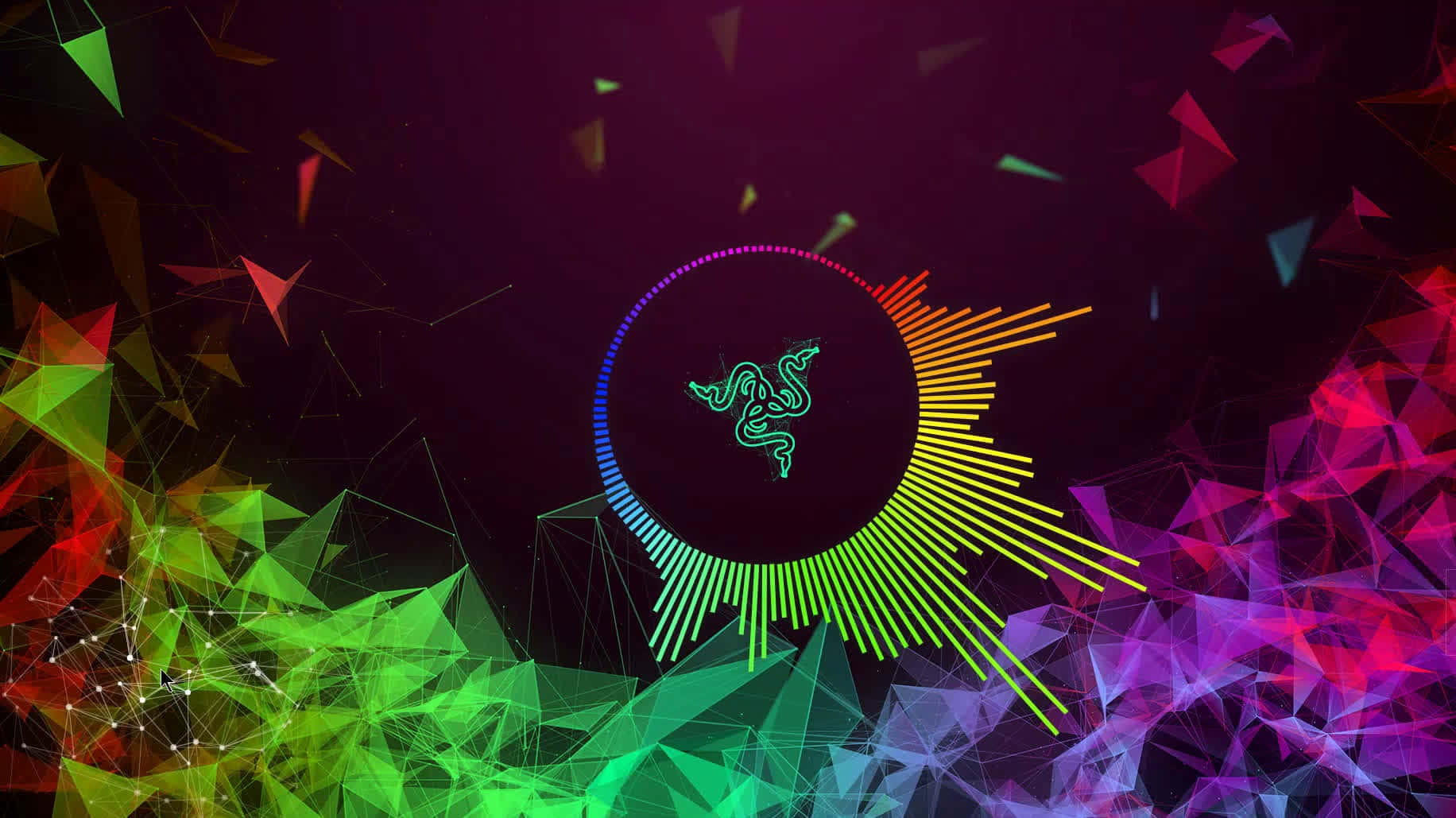 RGB 桌布 壁紙 — 鮮豔的幾何三角形以霓虹色調爆炸，圍繞著一個發光的Razer標誌，並由動態音頻波形環繞。