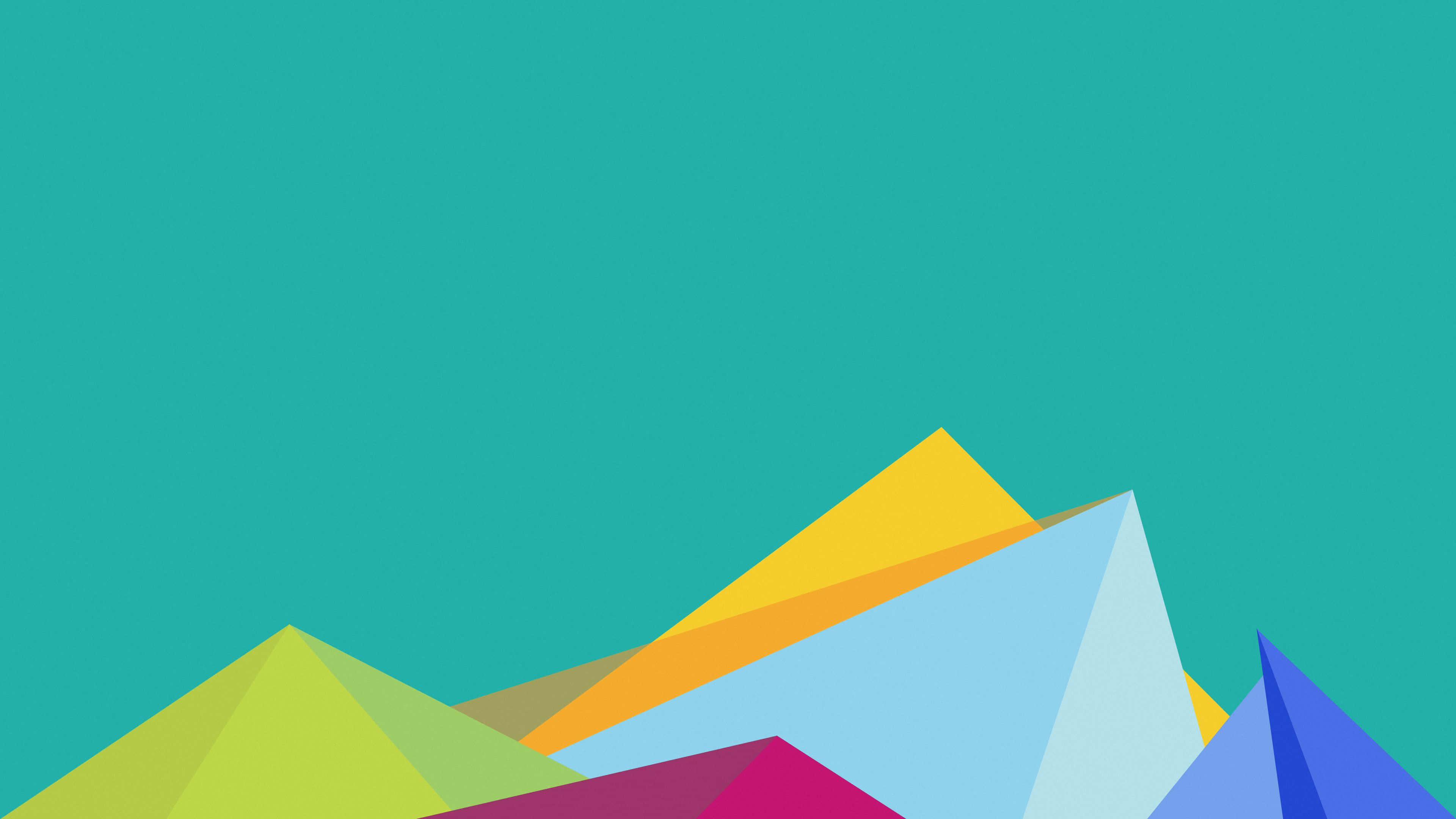 Minimalist Colorful 桌布 壁紙 — 鮮豔的幾何山峰以大膽色彩在純色青綠色背景上崛起，呈現極簡數位藝術風格。