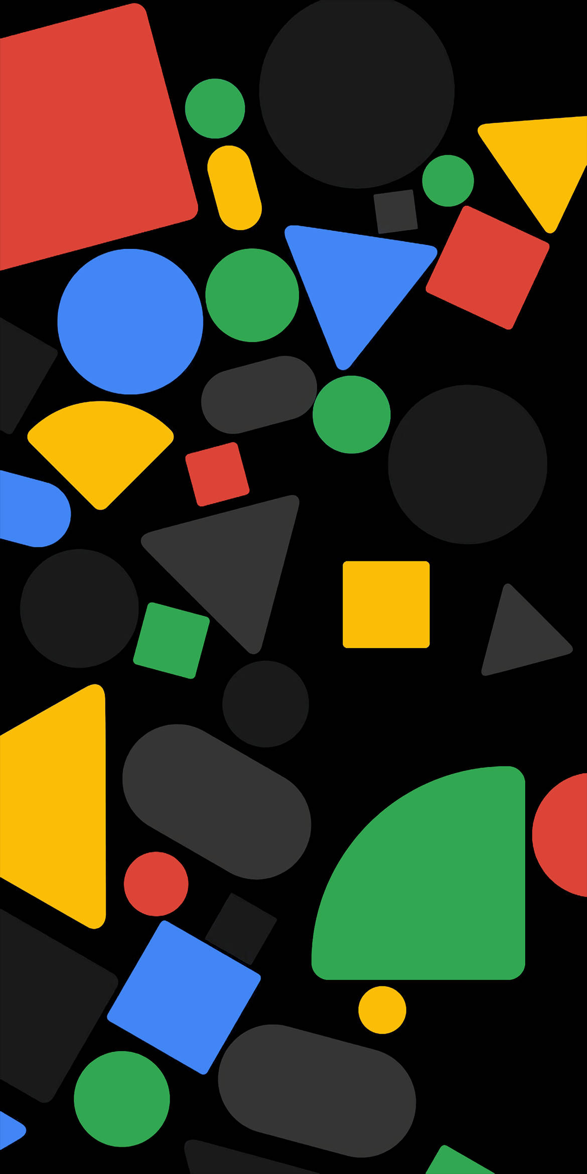Google Pixel 桌布 壁紙 — 鮮豔的幾何形狀以大膽的色彩漂浮在 stark 黑色背景上，創造出動態的抽象構圖。