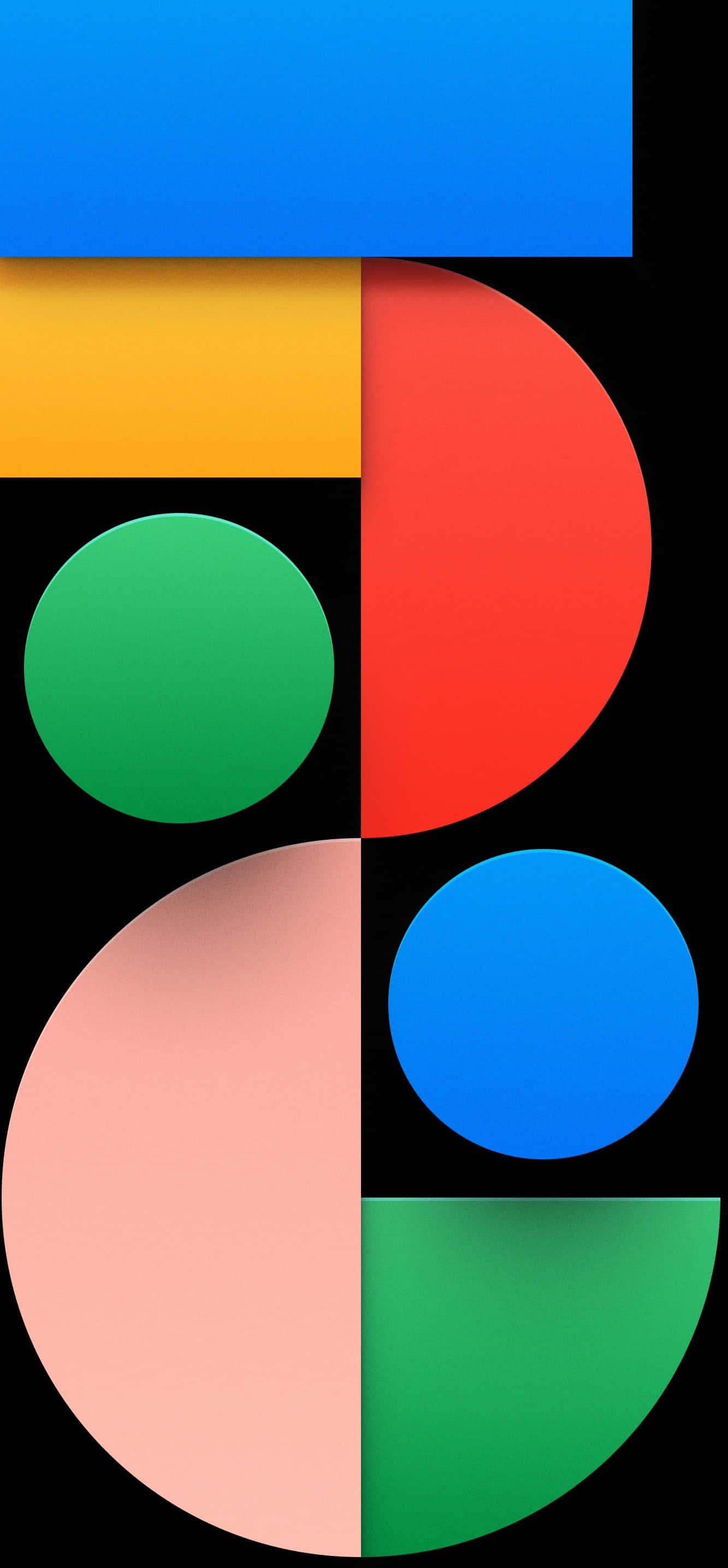 Pixel 3 桌布 壁紙 — 鮮豔的幾何形狀以大膽的顏色漂浮在鮮明的黑色背景上，創造出現代抽象構圖。