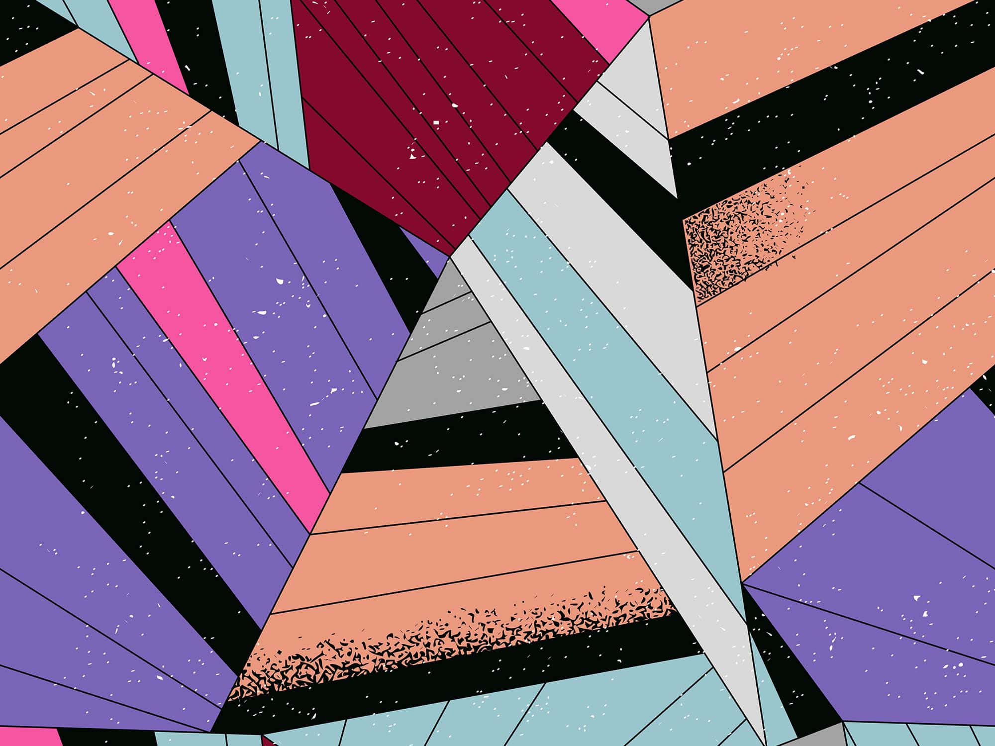 Geometric Pattern 桌布 壁紙 — 鮮豔的幾何形狀以大膽色彩形成動態抽象構圖，並帶有紋理疊加效果。