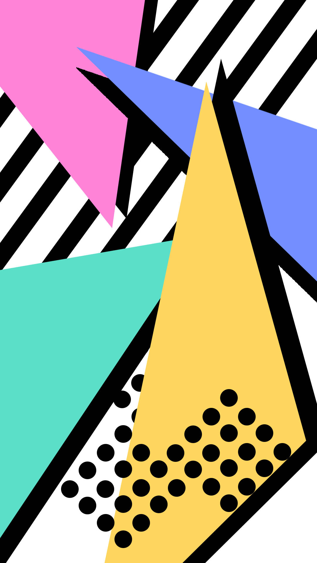 retro aesthetic iPhone 桌布 壁紙 — 鮮豔的幾何形狀以鮮明的色彩動態地碰撞在鮮明的黑白條紋和圓點上。