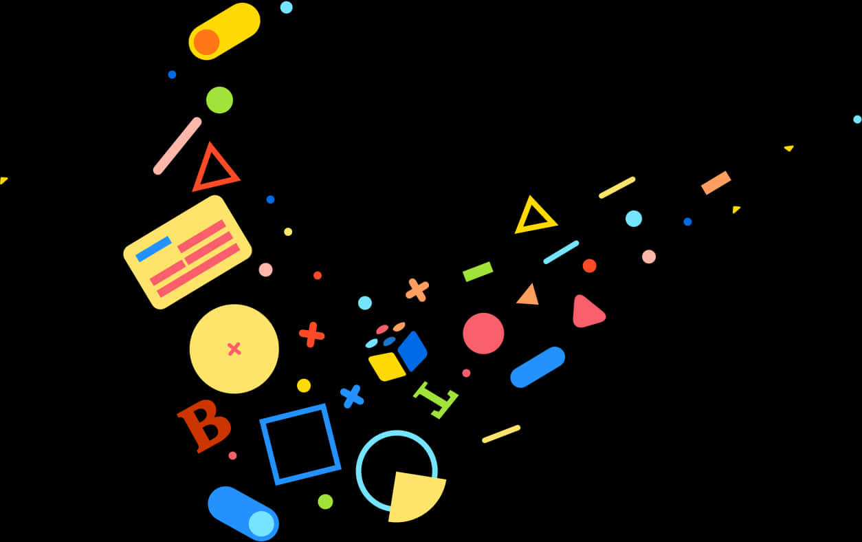 Clip Art 桌布 壁紙 — 鮮豔的幾何形狀和符號在黑色背景上對角線爆炸，形成動態的數位爆發。