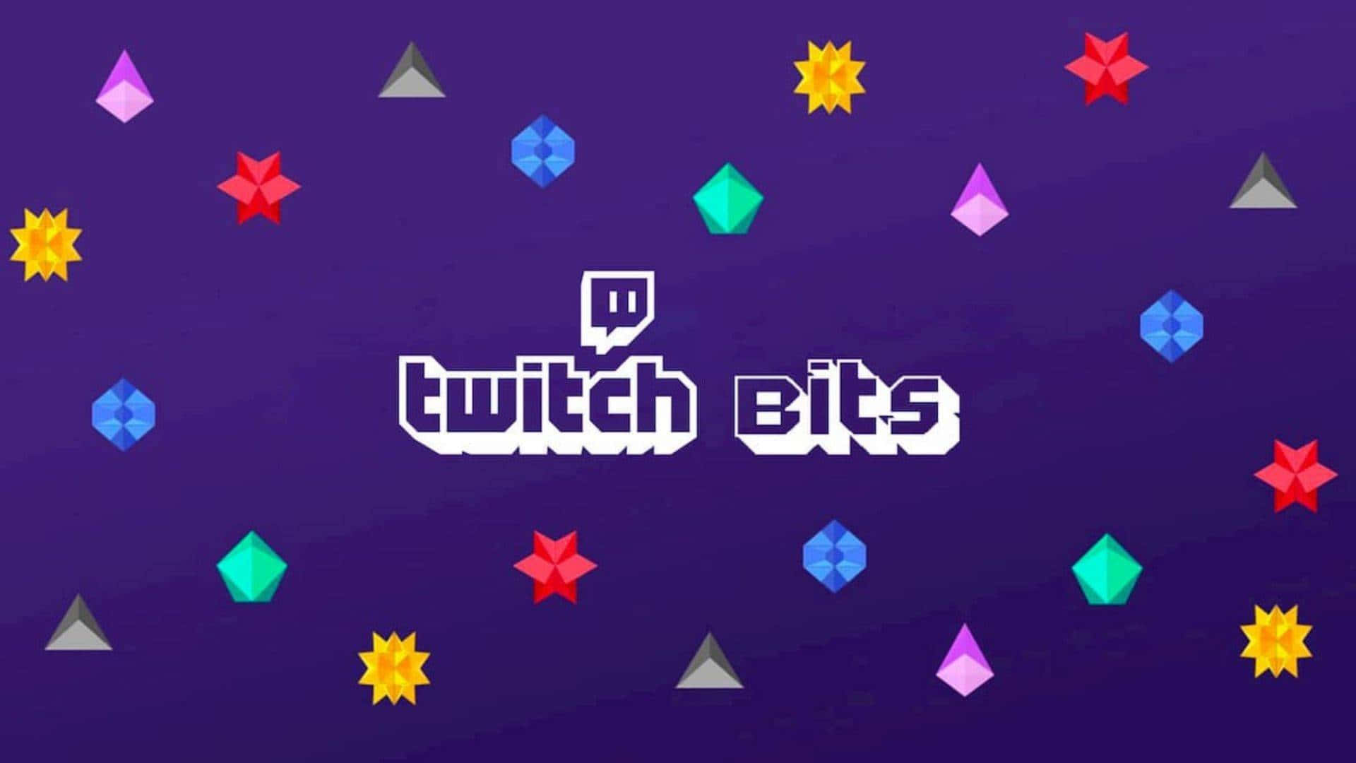 Twitch 桌布 壁紙 — 鮮豔的幾何形狀在深紫色背景上圍繞 Twitch Bits 標誌漂浮。