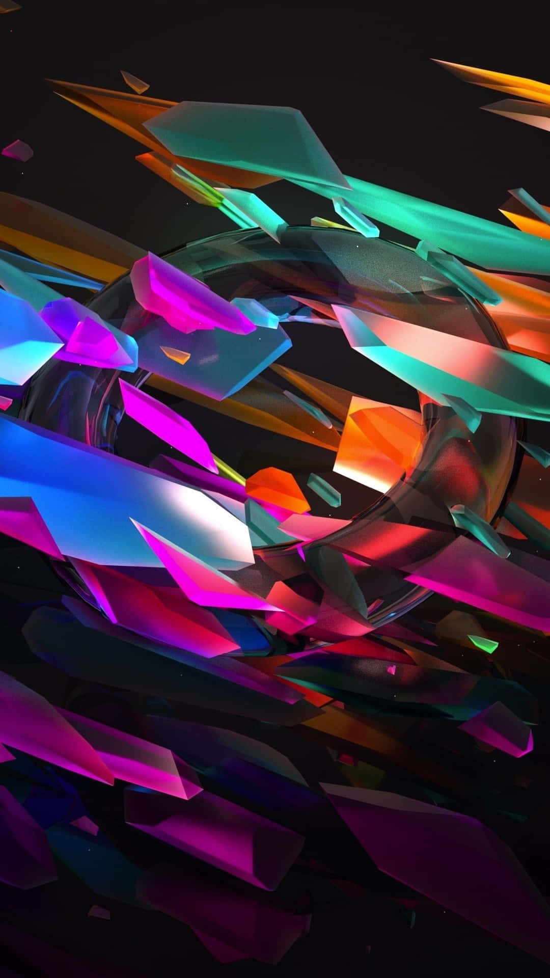 Colorful iPhone 桌布 壁紙 — 鮮豔的幾何碎片在黑暗虛空中圍繞中心球體爆炸，構成數位抽象作品。