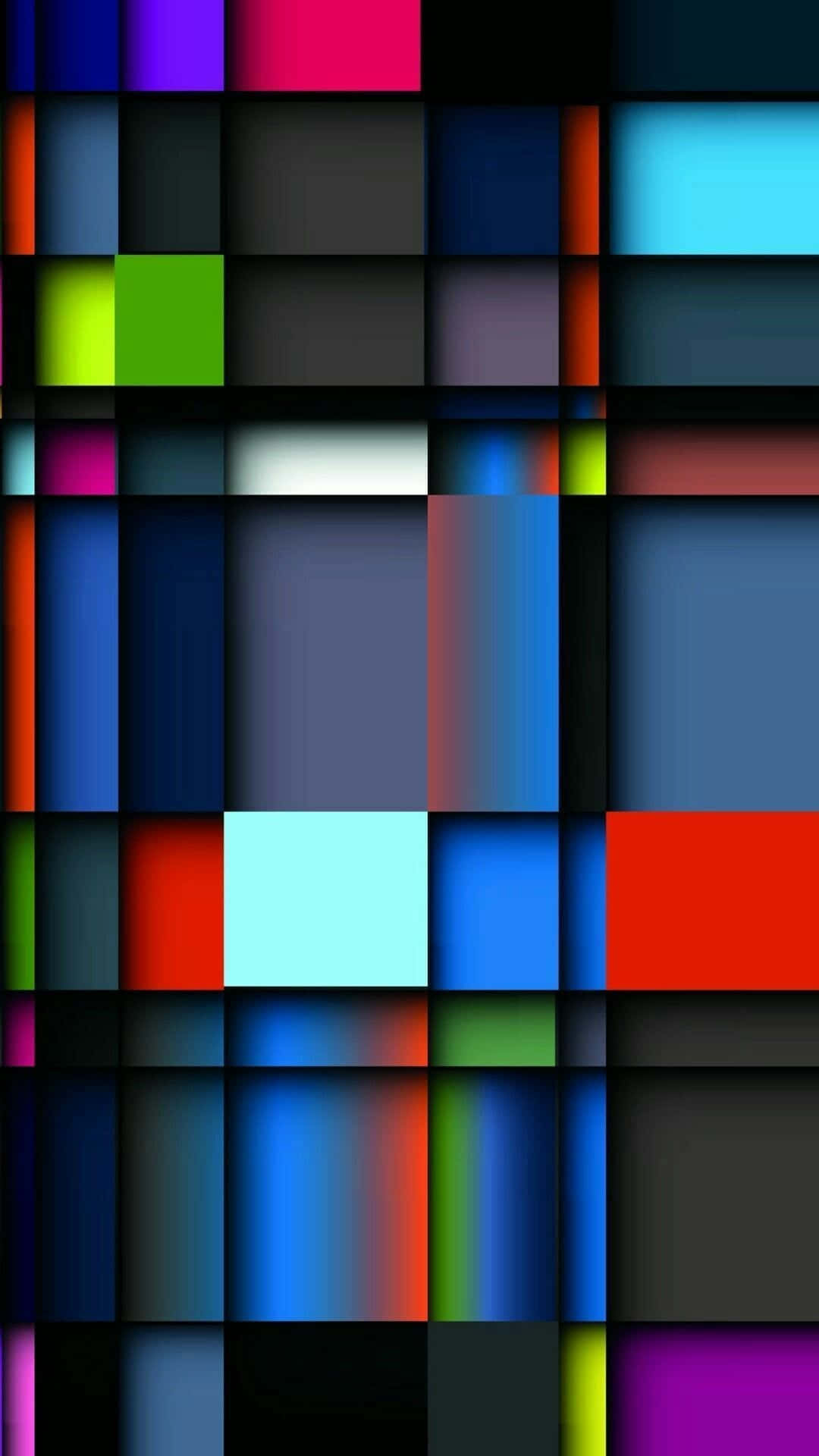 Geometric iPhone 桌布 壁紙 — 鮮豔的彩色正方形和長方形排列在帶有深色間隙的網格中，形成大膽的數位馬賽克圖案。