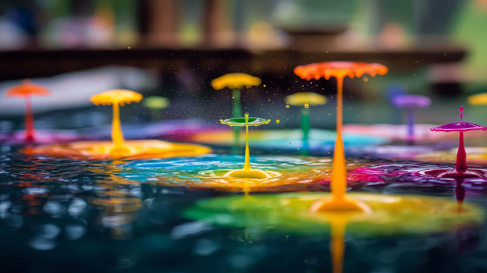 Vibrant Dye Splashes and Ripples in Liquid Surface 壁紙 — 鮮豔的彩色油漆滴在深色反光表面上向上和向外飛濺，形成生動的漣漪和飛濺。