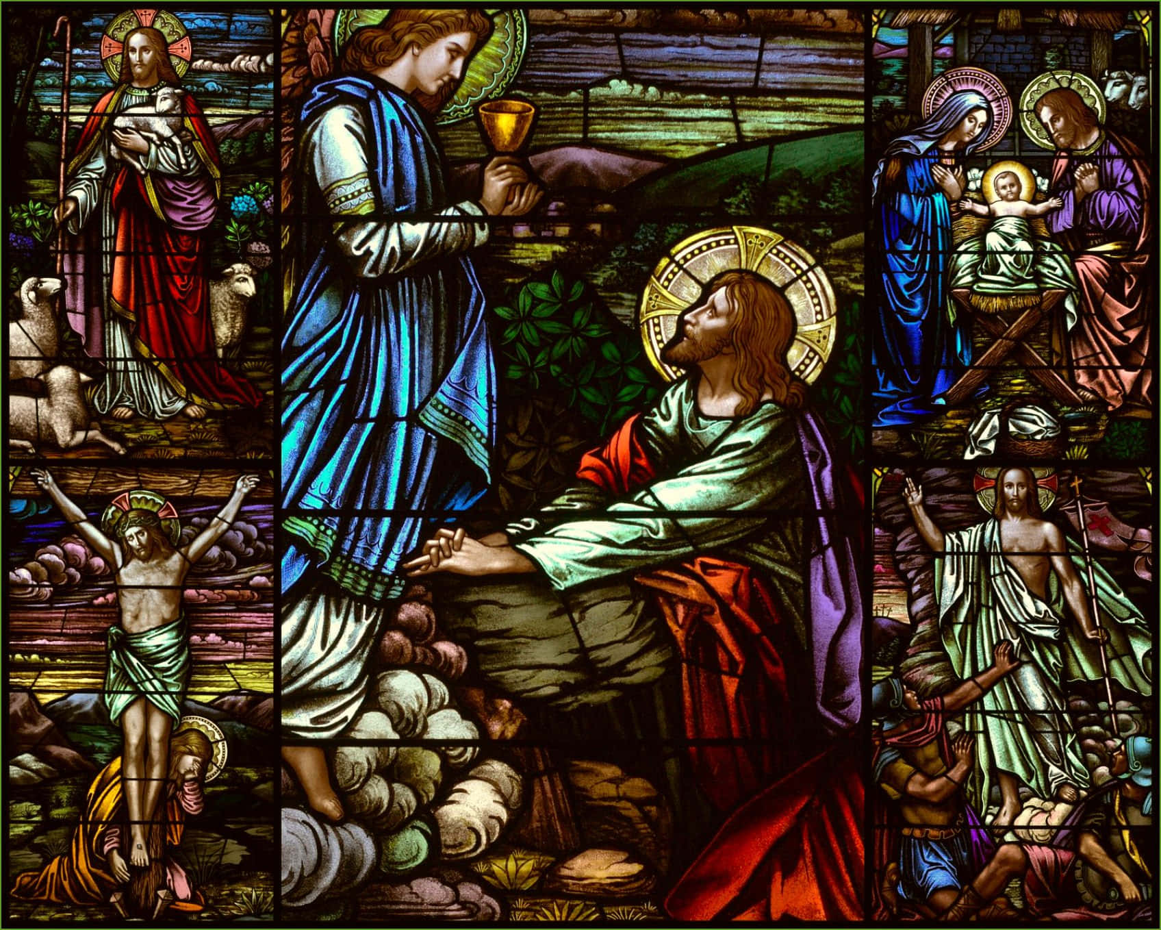 Catholic 桌布 壁紙 — 鮮豔的彩色玻璃板描繪聖經場景，帶有光芒四射的光環和豐富的色彩，展示耶穌基督在各種神聖時刻。
