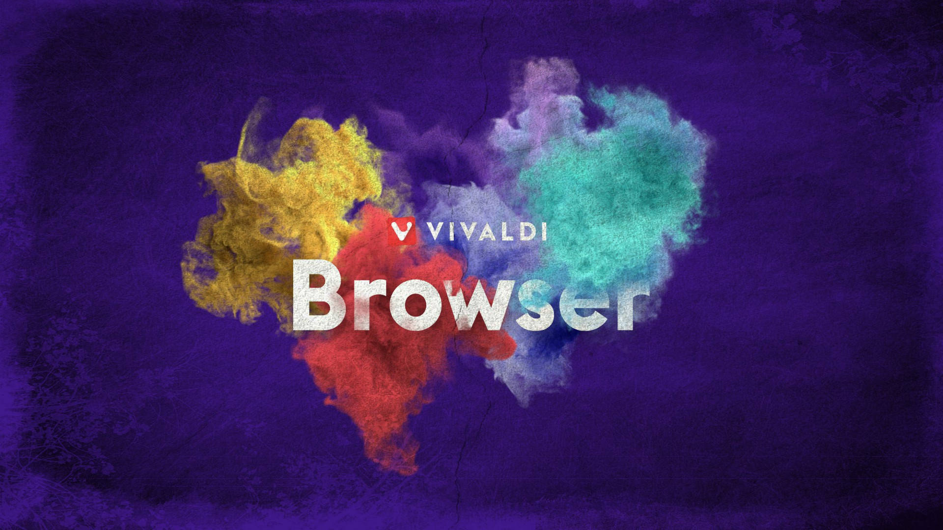 Website 桌布 壁紙 — 鮮豔的彩色粉末在Vivaldi Browser標誌後方形成心形爆炸，背景為帶紋理的紫色。