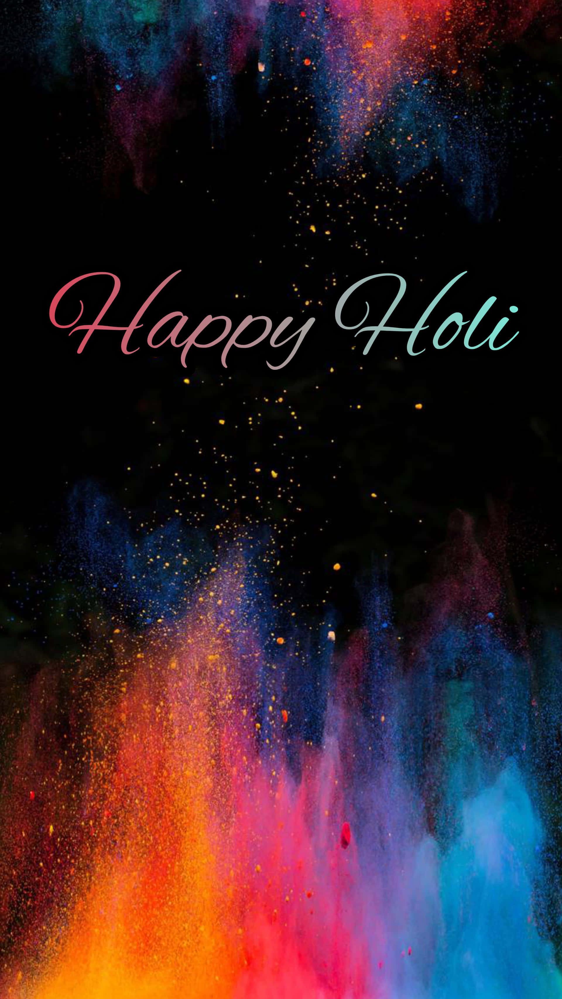 Holi 桌布 壁紙 — 鮮豔的彩色粉末在黑色背景上爆炸，'Happy Holi' 文字以粉彩字體發光。