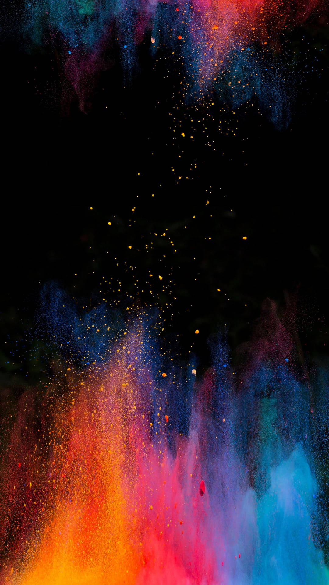 Splatter Paint 桌布 壁紙 — 鮮豔的彩色粉末在黑色背景上爆炸，形成橙色、粉紅色、藍色和金色顆粒的動態爆發。