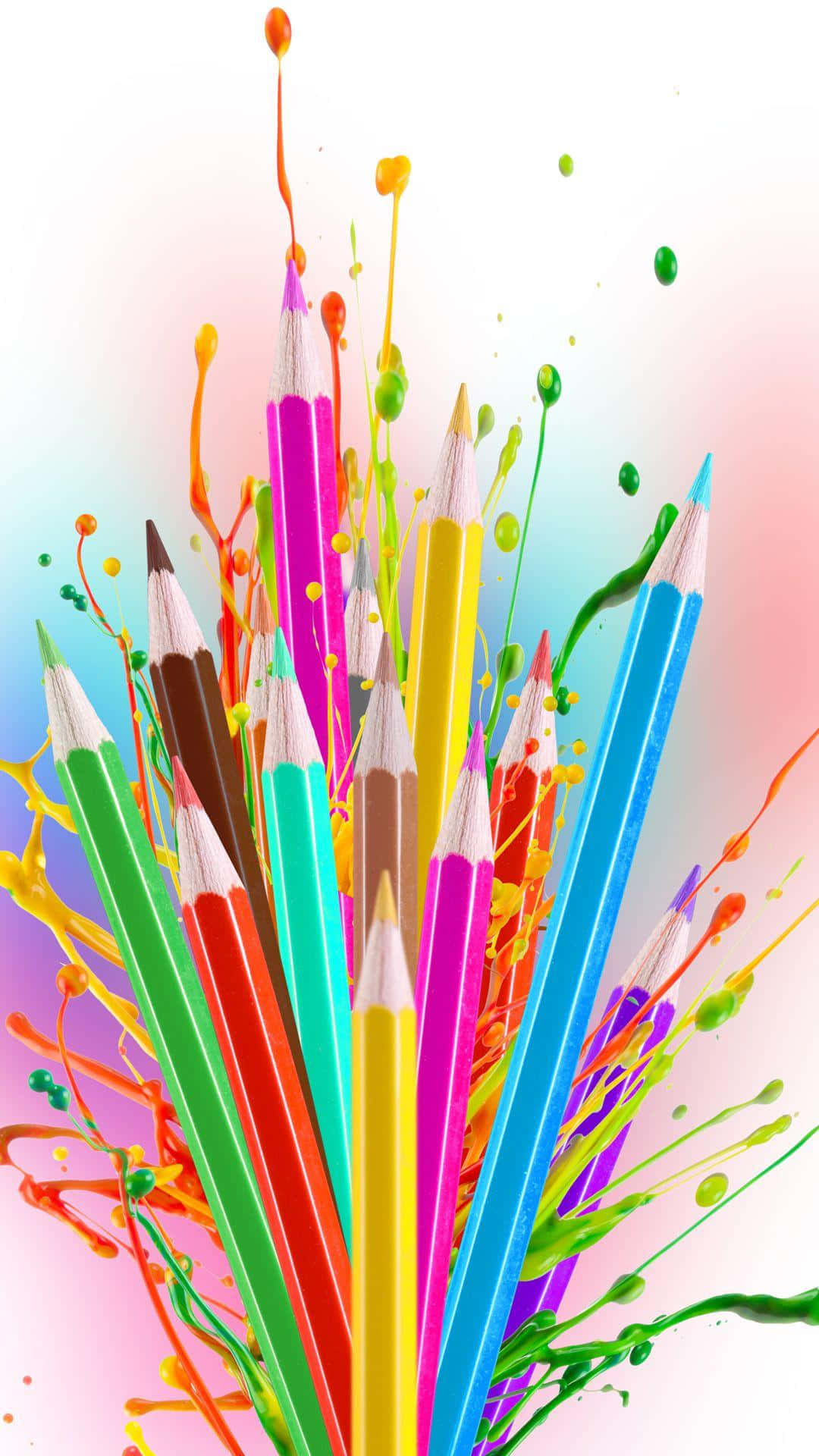 crayon 桌布 壁紙 — 鮮豔的彩色鉛筆在柔和的漸層背景上，伴隨著動態的顏料飛濺向上爆發。