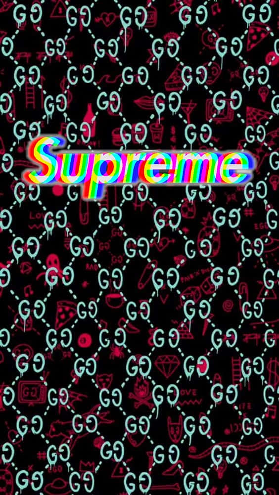 桌布 壁紙 — 鮮豔的彩虹 Supreme 標誌居中於黑色背景上，背景充滿重複的螢光粉紅和青色 GG 字母組合圖案和塗鴉。
