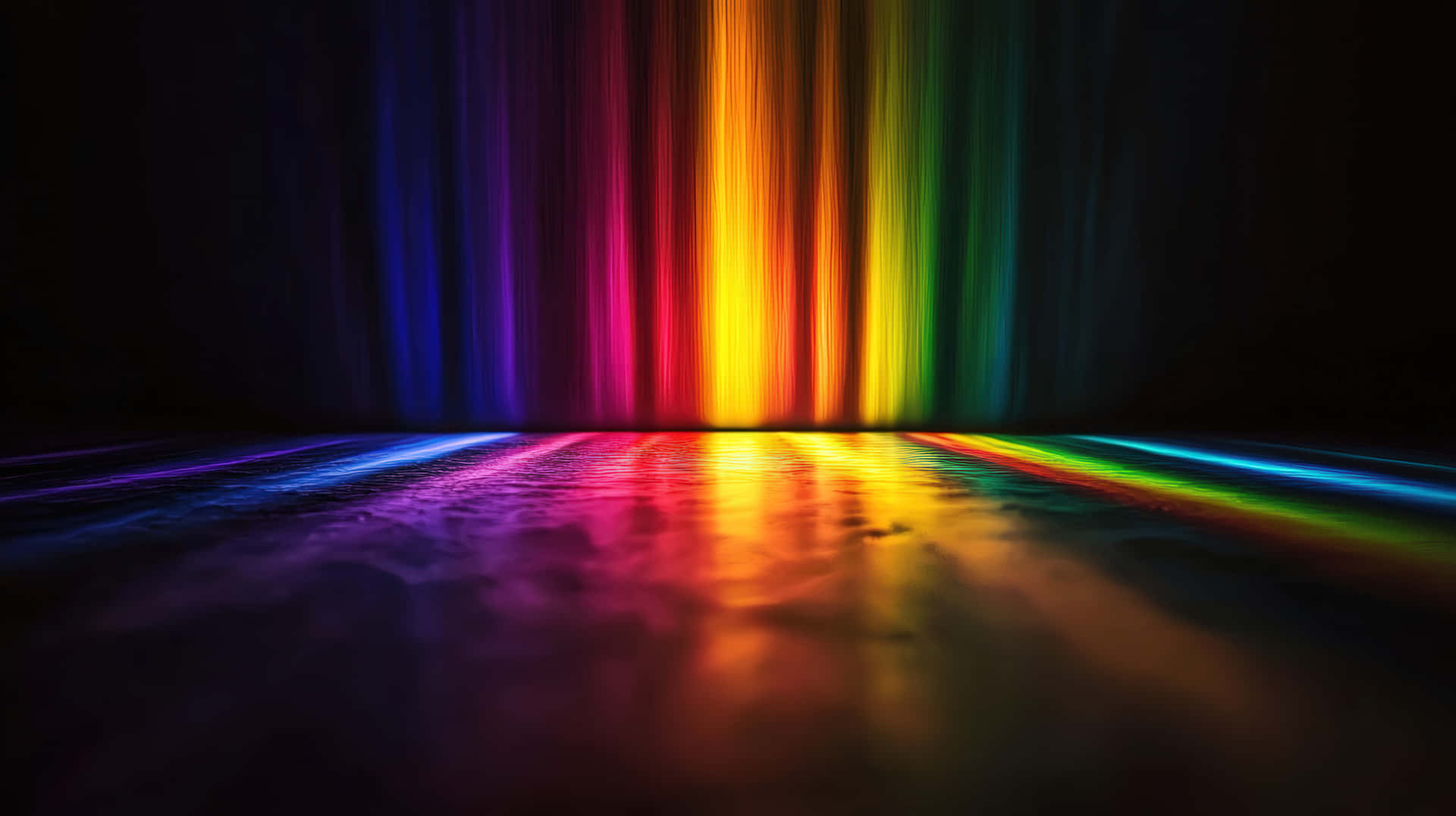 Vibrant Rainbow Light Reflection on a Dark Surface 壁紙 — 鮮豔的彩虹光束從上方傾瀉到黑暗虛空中的反射表面上。