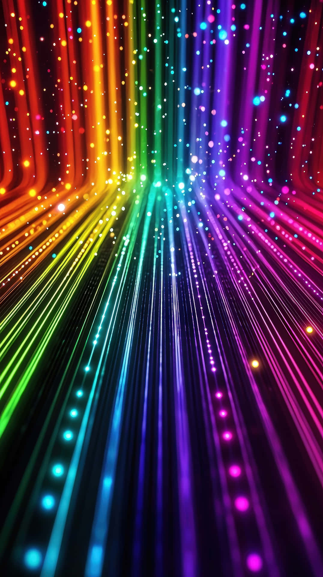 Futuristic Abstract Light Streaks in a Multicolor Digital Glow with a Dynamic Motion Effect 壁紙 — 鮮豔的彩虹光束從黑暗中心輻射出來，發光的點營造出隧道效果。