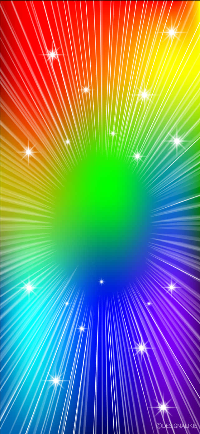 Rainbow Glitter 桌布 壁紙 — 鮮豔的彩虹光線從發光的中心迸發而出，伴隨著閃爍的星星，背景為漸層色。