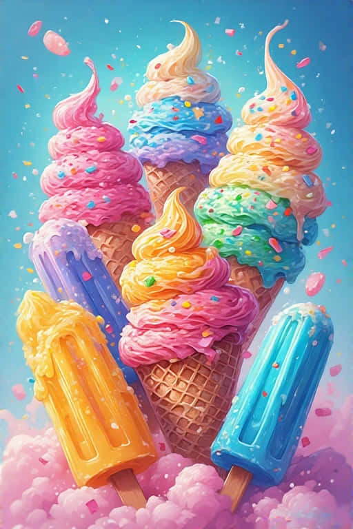 Colorful Ice Cream Delight Playful Summer 4K 壁紙 — 鮮豔的彩虹冰淇淋甜筒和冰棒在粉彩天空和粉紅雲朵的襯托下，灑滿了糖屑。