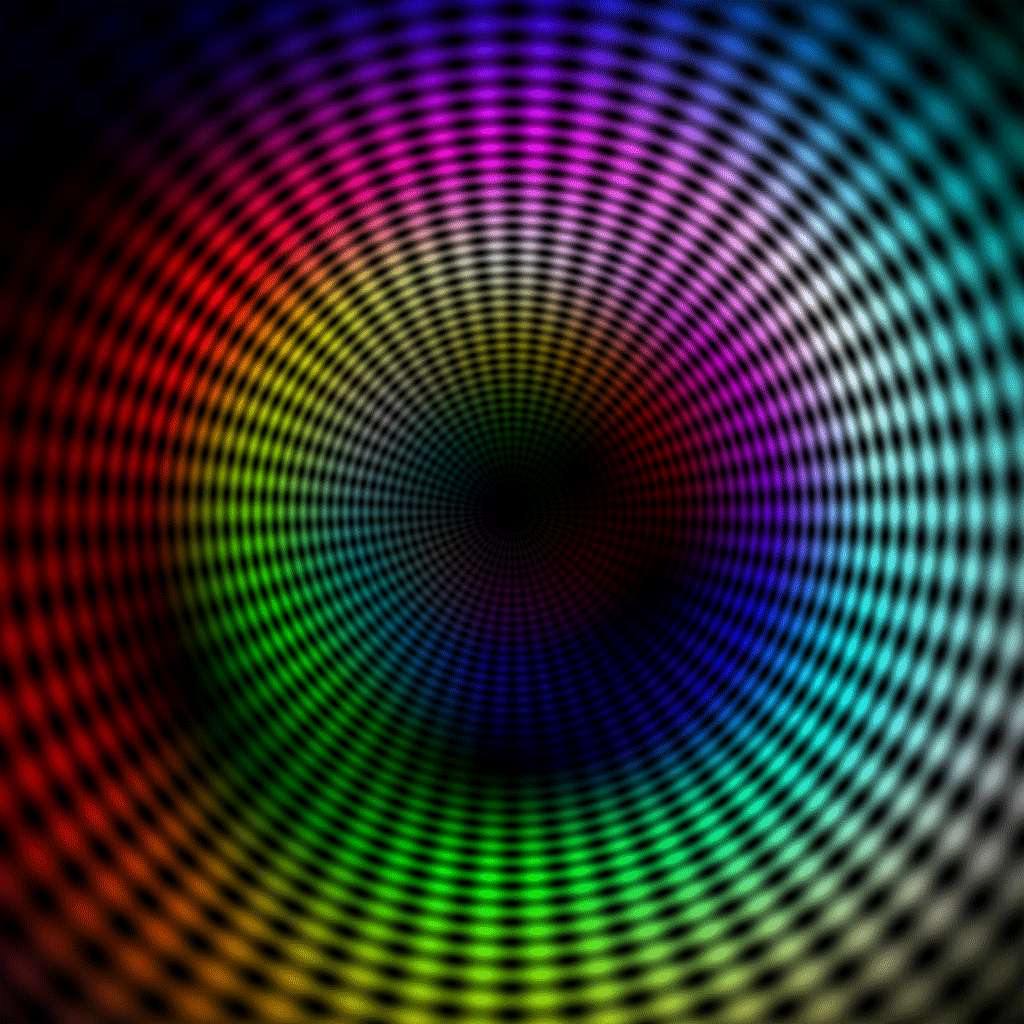 Optical Illusion 桌布 壁紙 — 鮮豔的彩虹同心圓從黑暗中心向外輻射，形成催眠般的數位圖案。