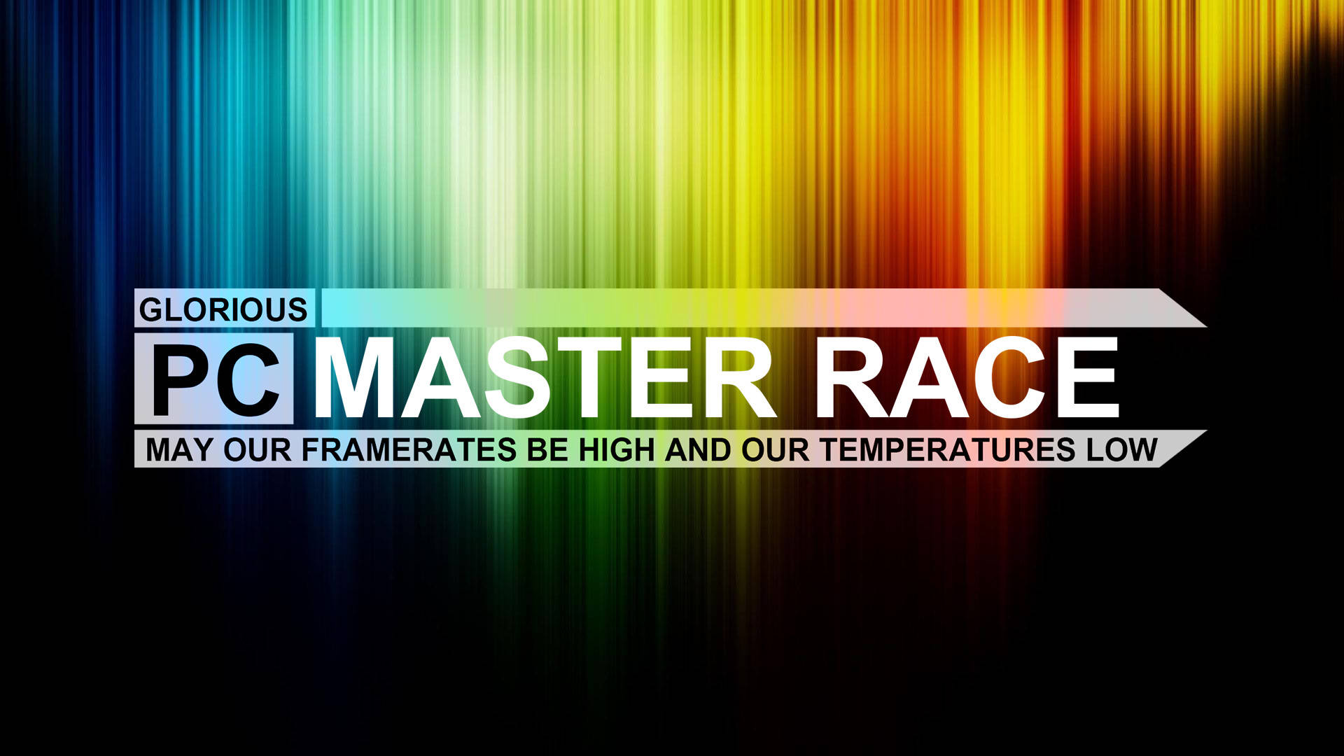 meme 桌布 壁紙 — 鮮豔的彩虹垂直條紋，背後是粗體白色文字，宣告「PC MASTER RACE」及遊戲標語。