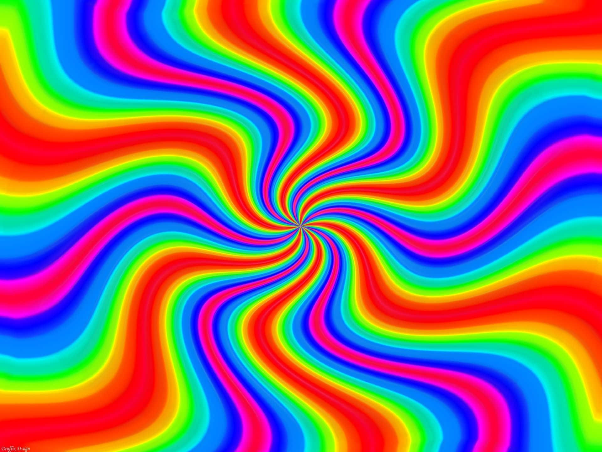 Rainbow Colours 桌布 壁紙 — 鮮豔的彩虹帶在迷幻的數位圖案中催眠般地旋轉向中心漩渦。