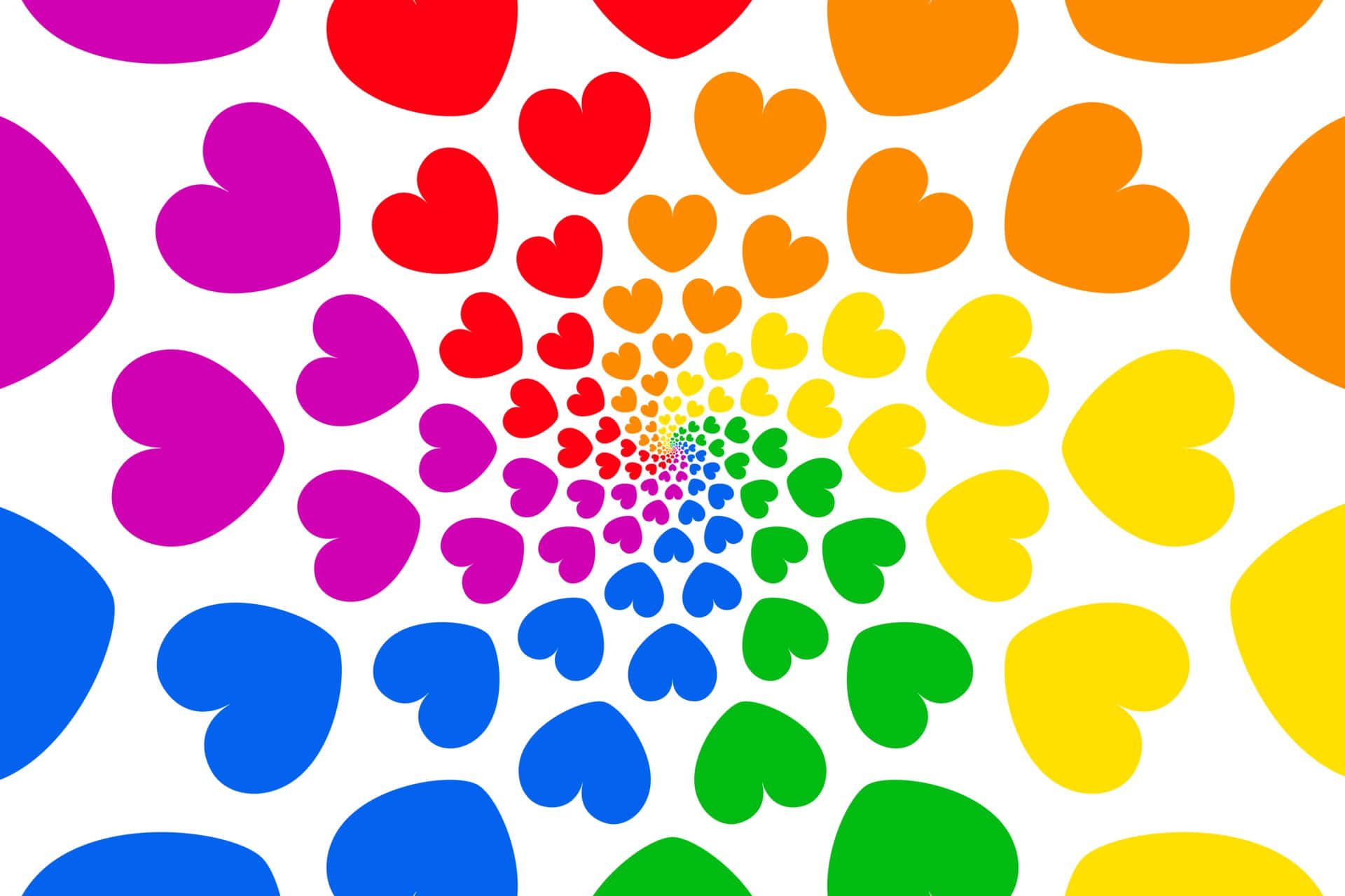 Rainbow Heart 桌布 壁紙 — 鮮豔的彩虹心形在潔白背景上以催眠般的圖案向內螺旋。