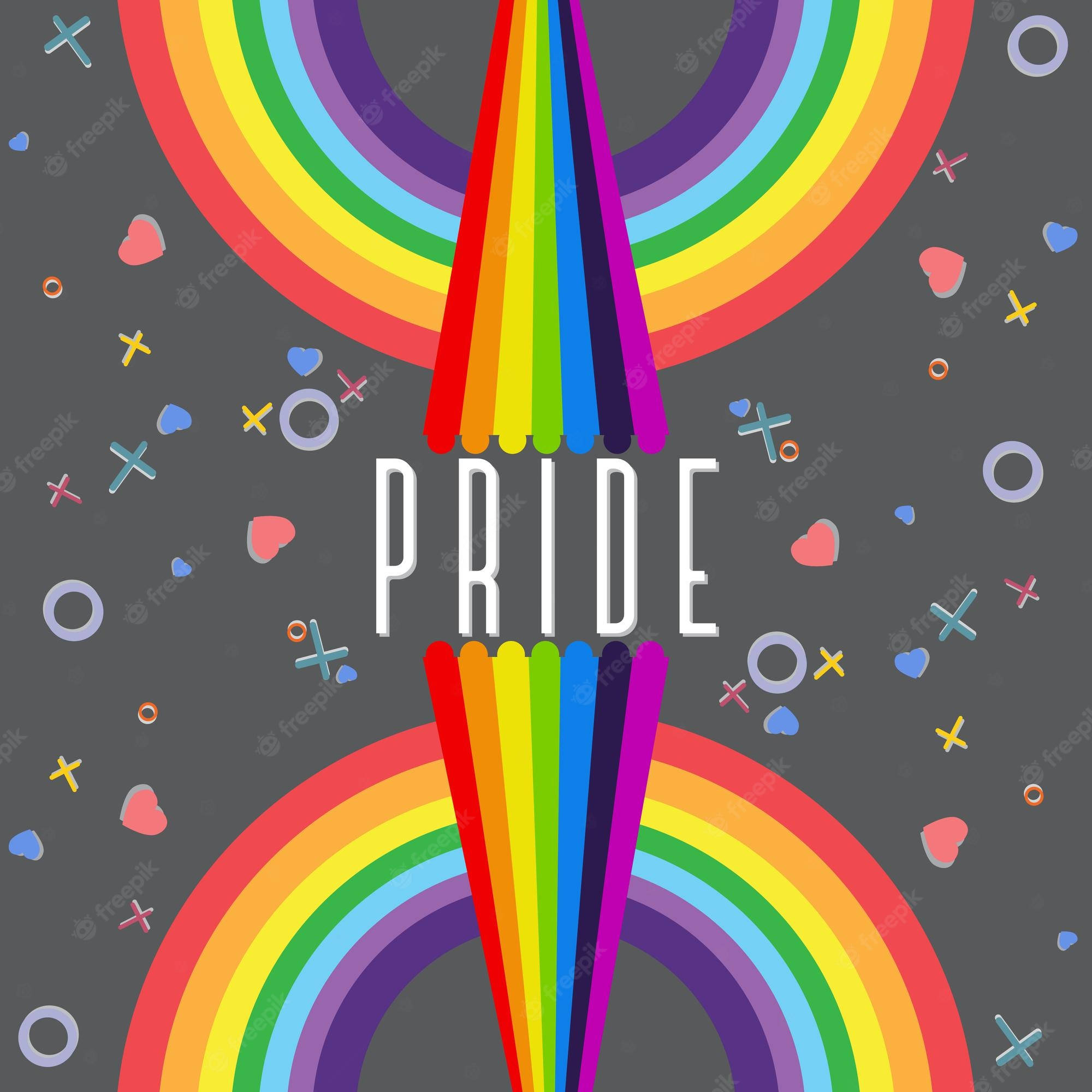 Colorful Aesthetic 桌布 壁紙 — 鮮豔的彩虹拱門和符號從 PRIDE 一詞中散發出來，背景為深灰色。