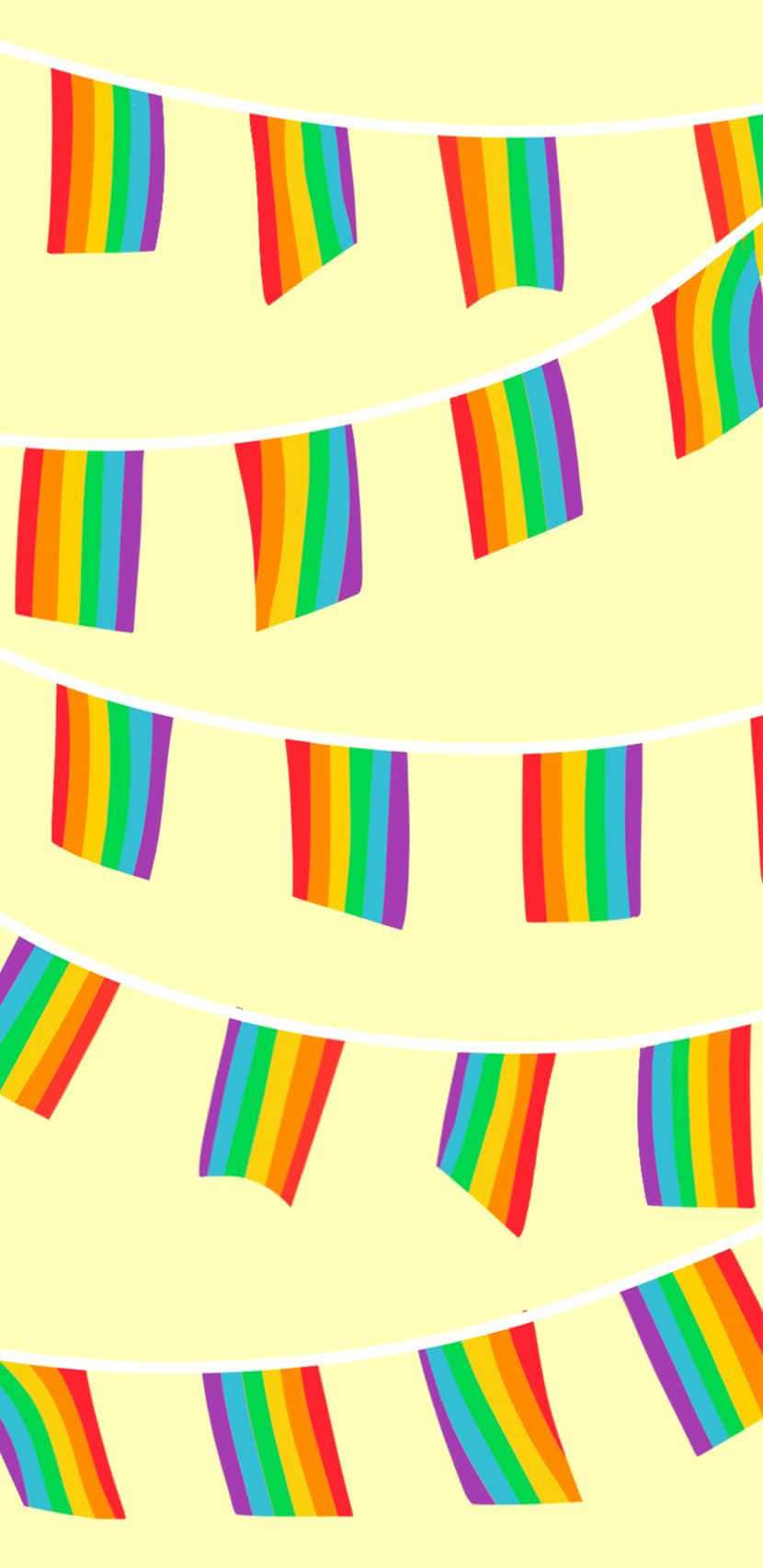 Aesthetic Lgbt Rainbow 桌布 壁紙 — 鮮豔的彩虹旗以歡快的對角線排列懸掛在柔和的黃色背景上。