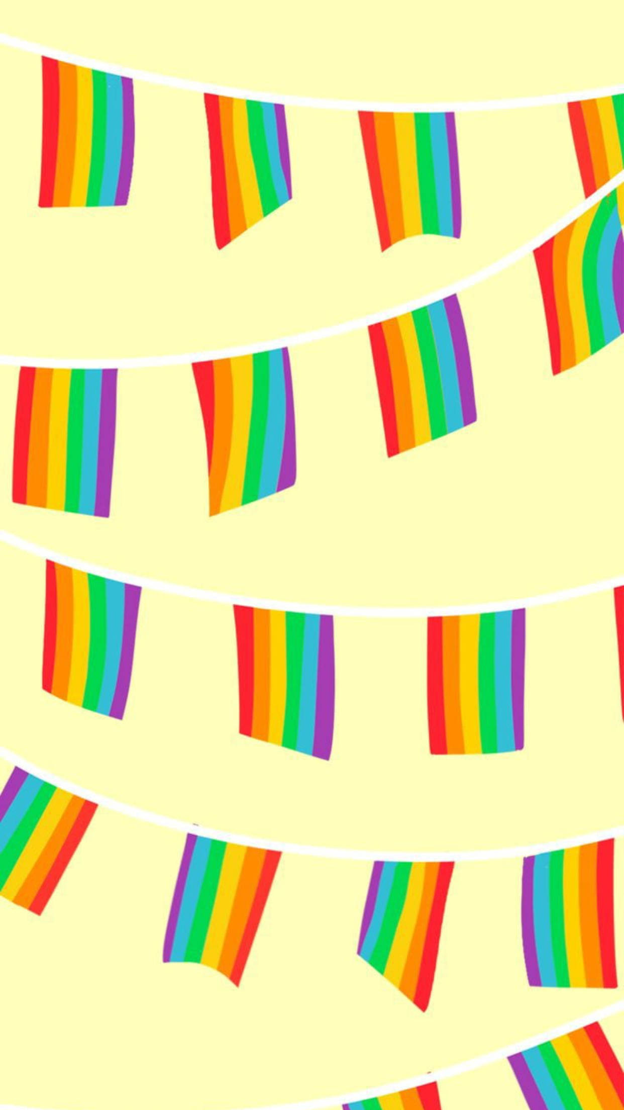 Lgbtq 桌布 壁紙 — 鮮豔的彩虹旗以歡快的對角線排列懸掛在柔和的黃色背景上。