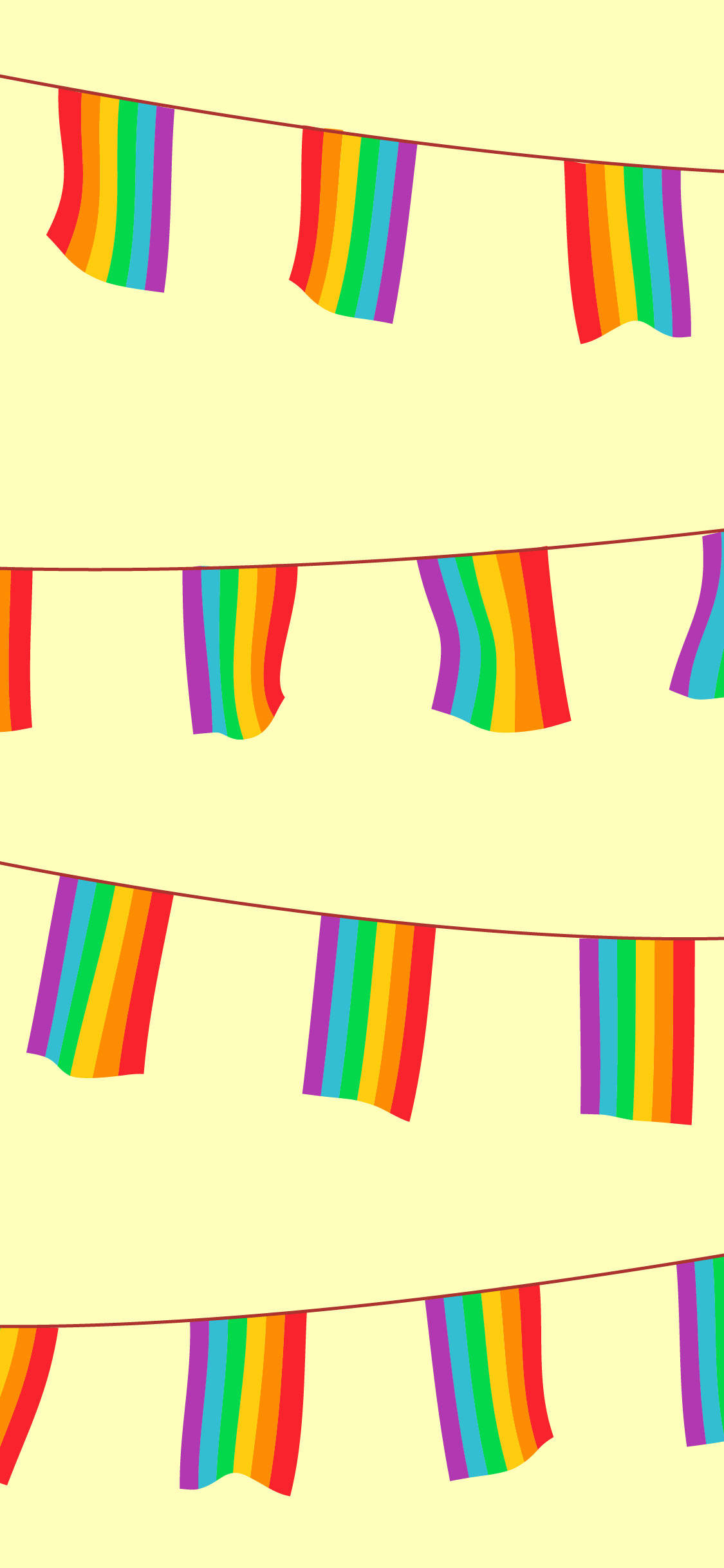 LGBT 桌布 壁紙 — 鮮豔的彩虹旗在柔和的黃色背景上歡快地排成一排。