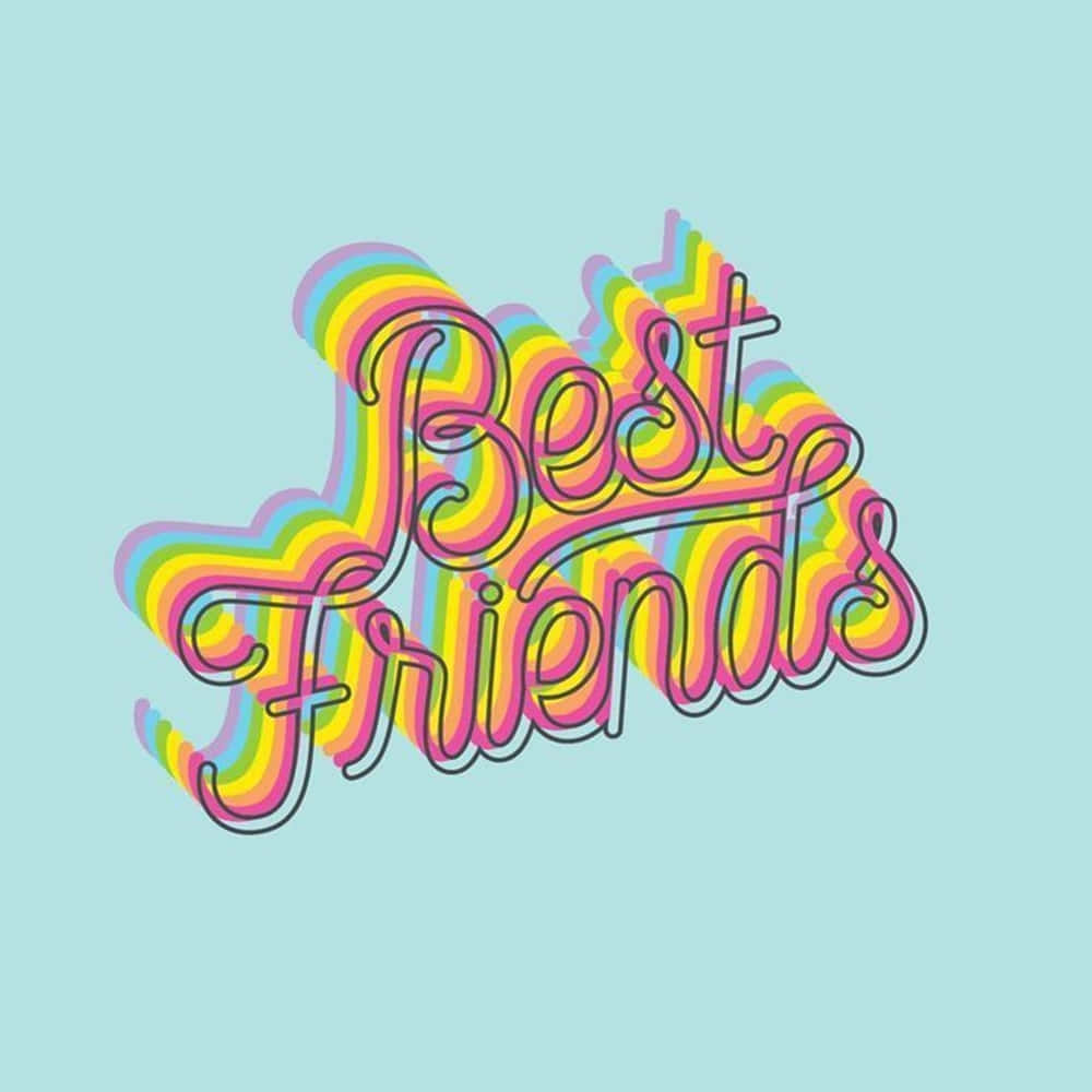 Best Friend Aesthetic 桌布 壁紙 — 鮮豔的彩虹條紋 'Best Friends' 草書文字漂浮在柔和的青綠色背景上。