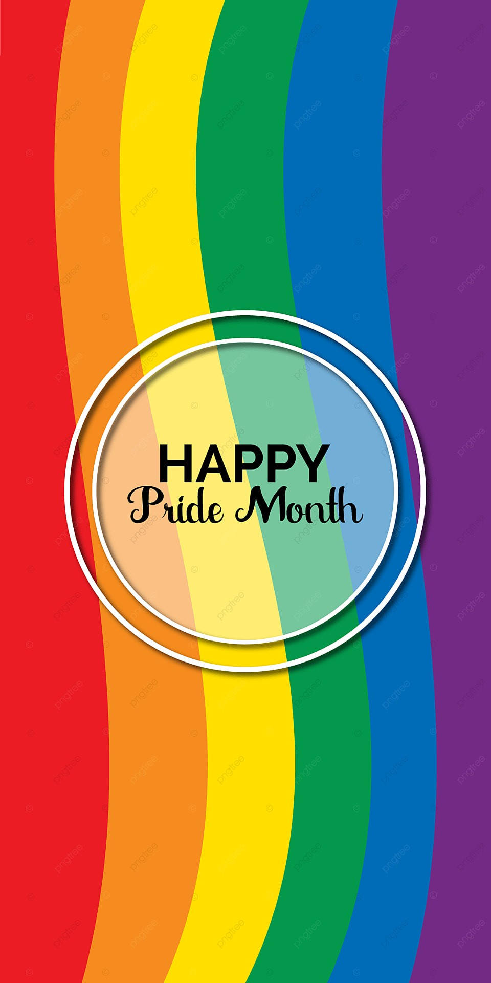 LGBT 桌布 壁紙 — 鮮豔的彩虹條紋斜向流動，後面有一個白色圓圈，內含粗體黑色字體 'HAPPY Pride Month'。