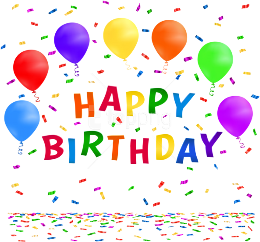 Happy Birthday Balloons 桌布 壁紙 — 鮮豔的彩虹氣球和五彩紙屑在黑色背景上圍繞著色彩繽紛的「生日快樂」文字綻放。
