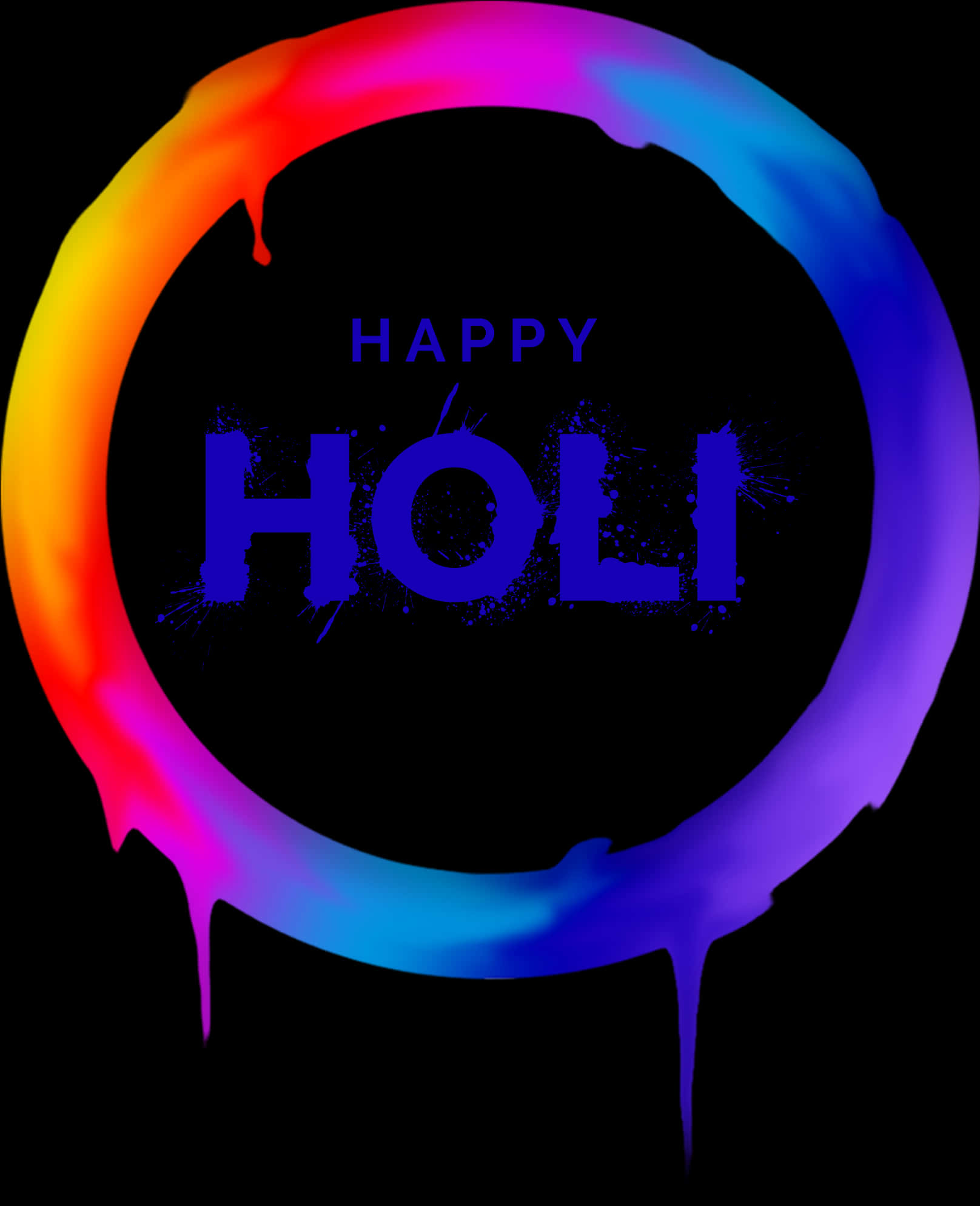 Holi Colour 桌布 壁紙 — 鮮豔的彩虹油漆滴在黑色背景上形成一個發光的環，環繞著粗體藍色的「HAPPY HOLI」文字。