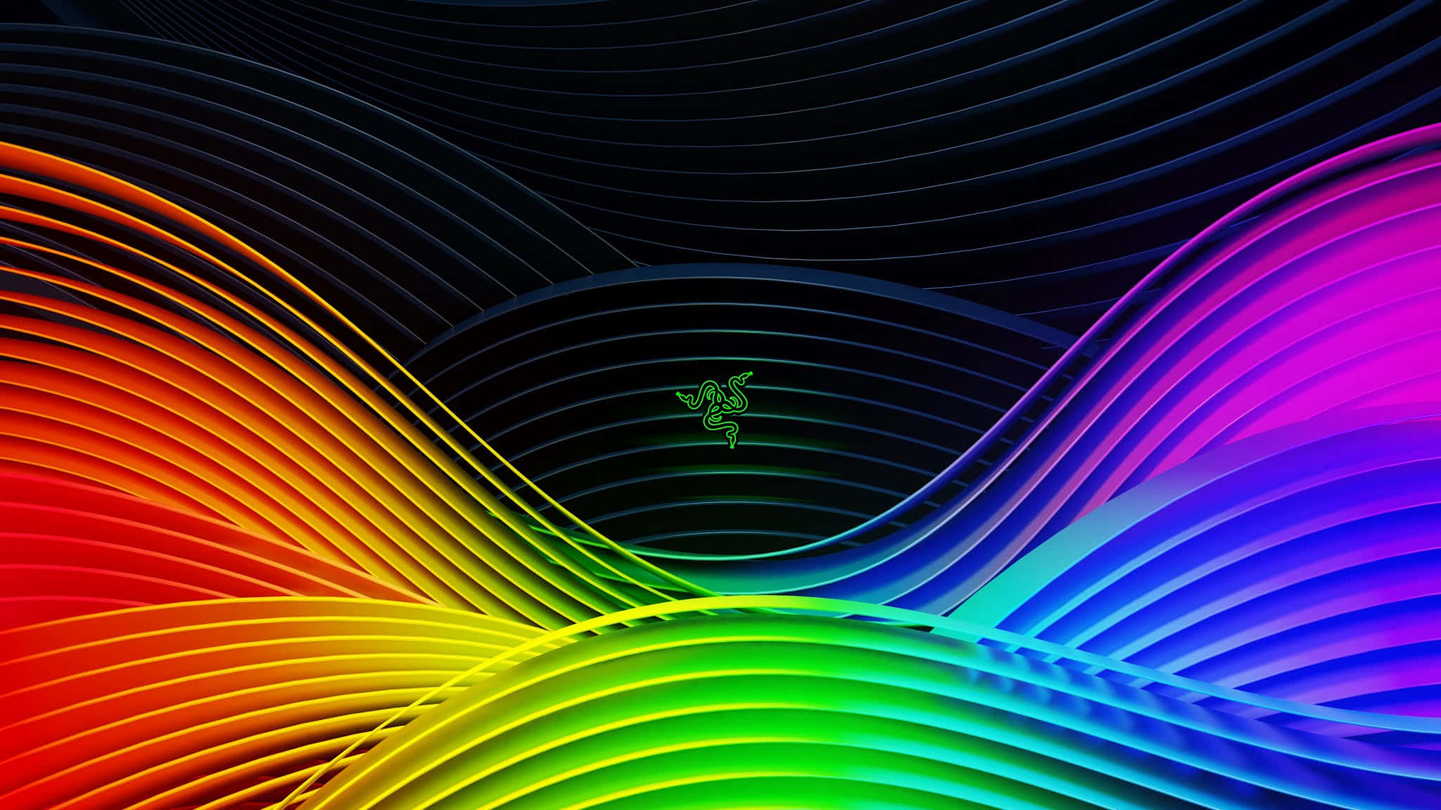 RGB 桌布 壁紙 — 鮮豔的彩虹波浪在深色背景上動態流動，中央有發光的 Razer 標誌。