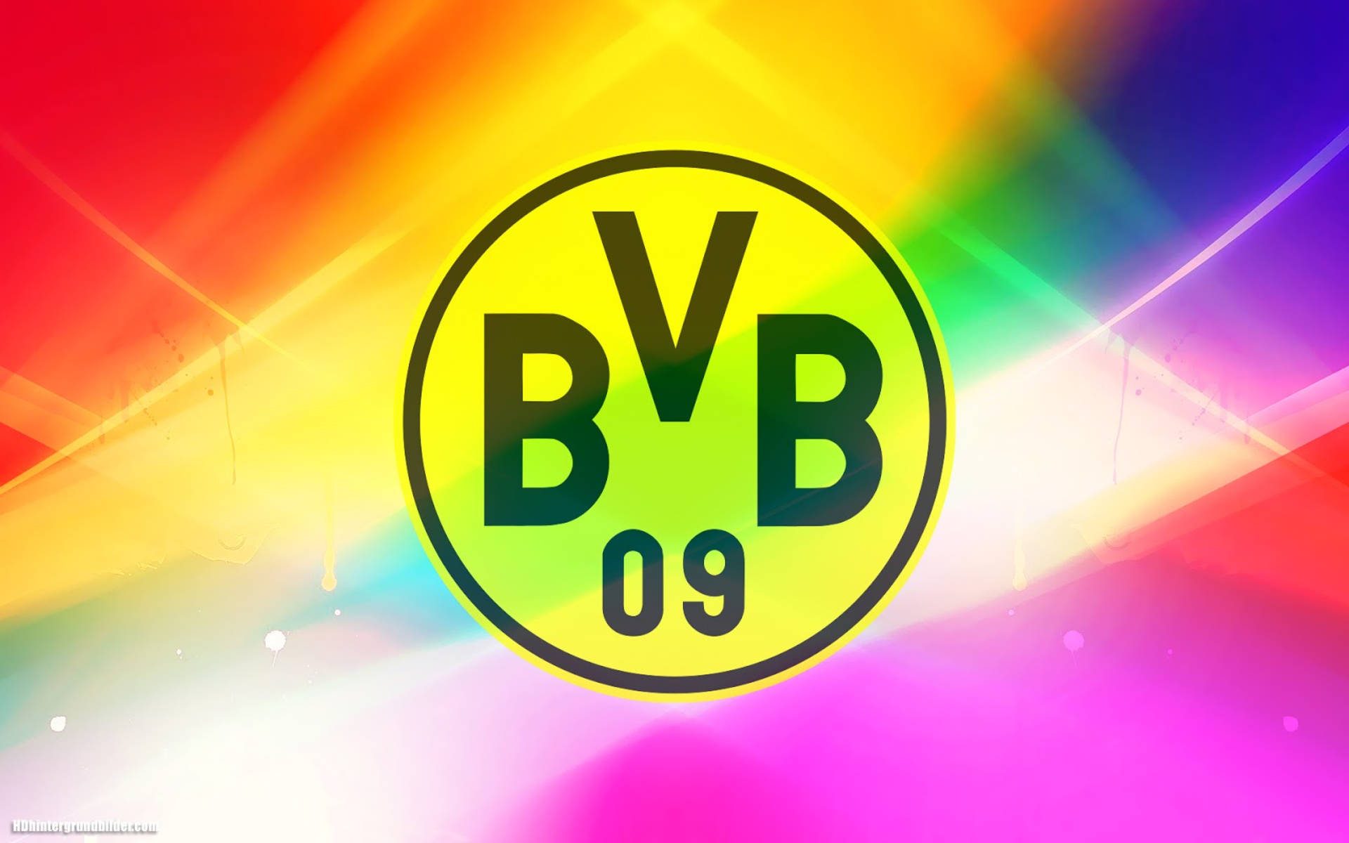 Dortmund 桌布 壁紙 — 鮮豔的彩虹漸變在帶有黑色字體的醒目黃色 BVB 09 標誌後方散發光芒。