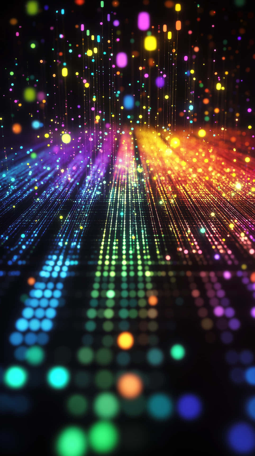 Abstract digital lights in vibrant colors 壁紙 — 鮮豔的彩虹燈光沿著黑暗的數位隧道傾瀉而下，形成發光的條紋和散景球體。